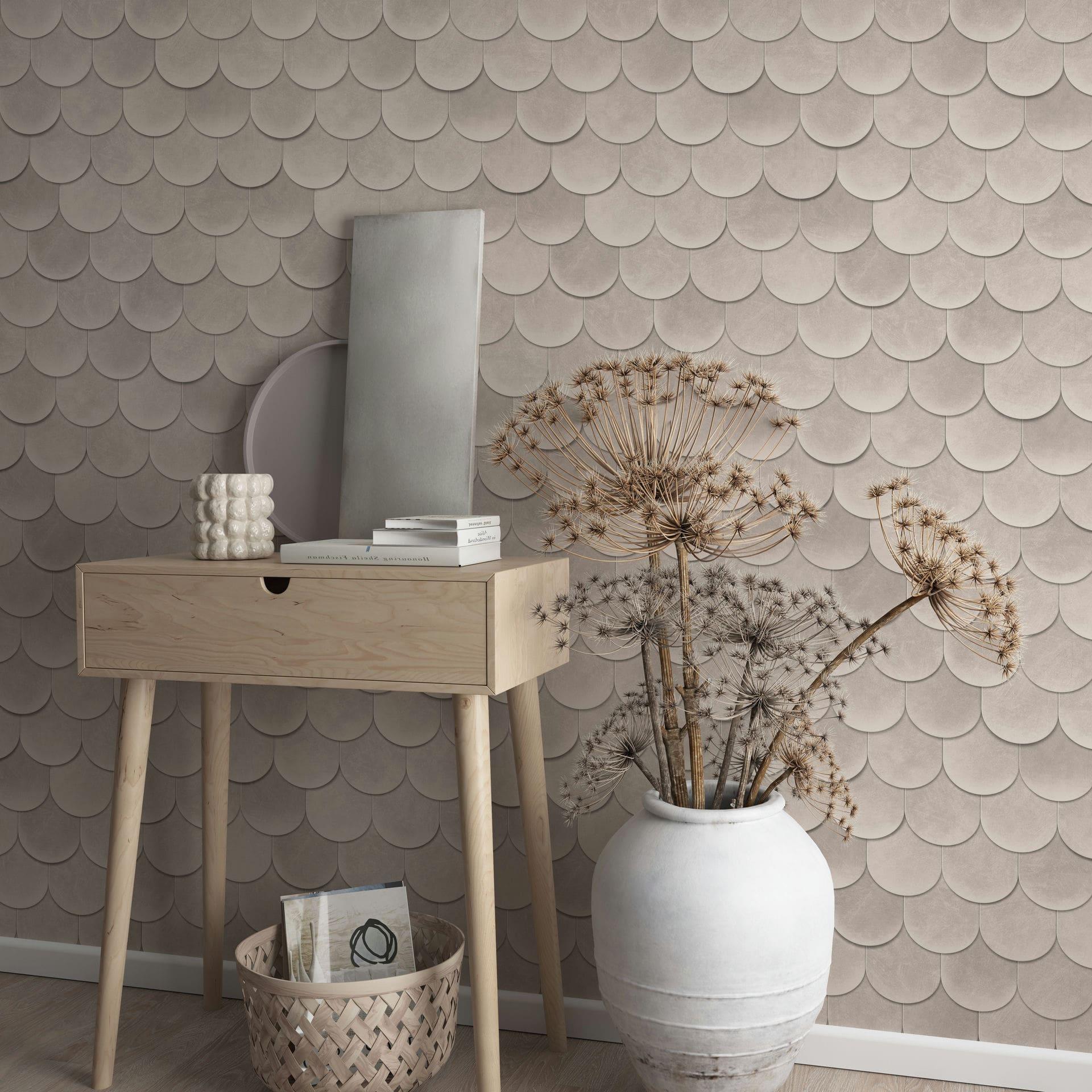 Non-woven tapet i grå 3D-look skalaer vintage brugt look geometrisk