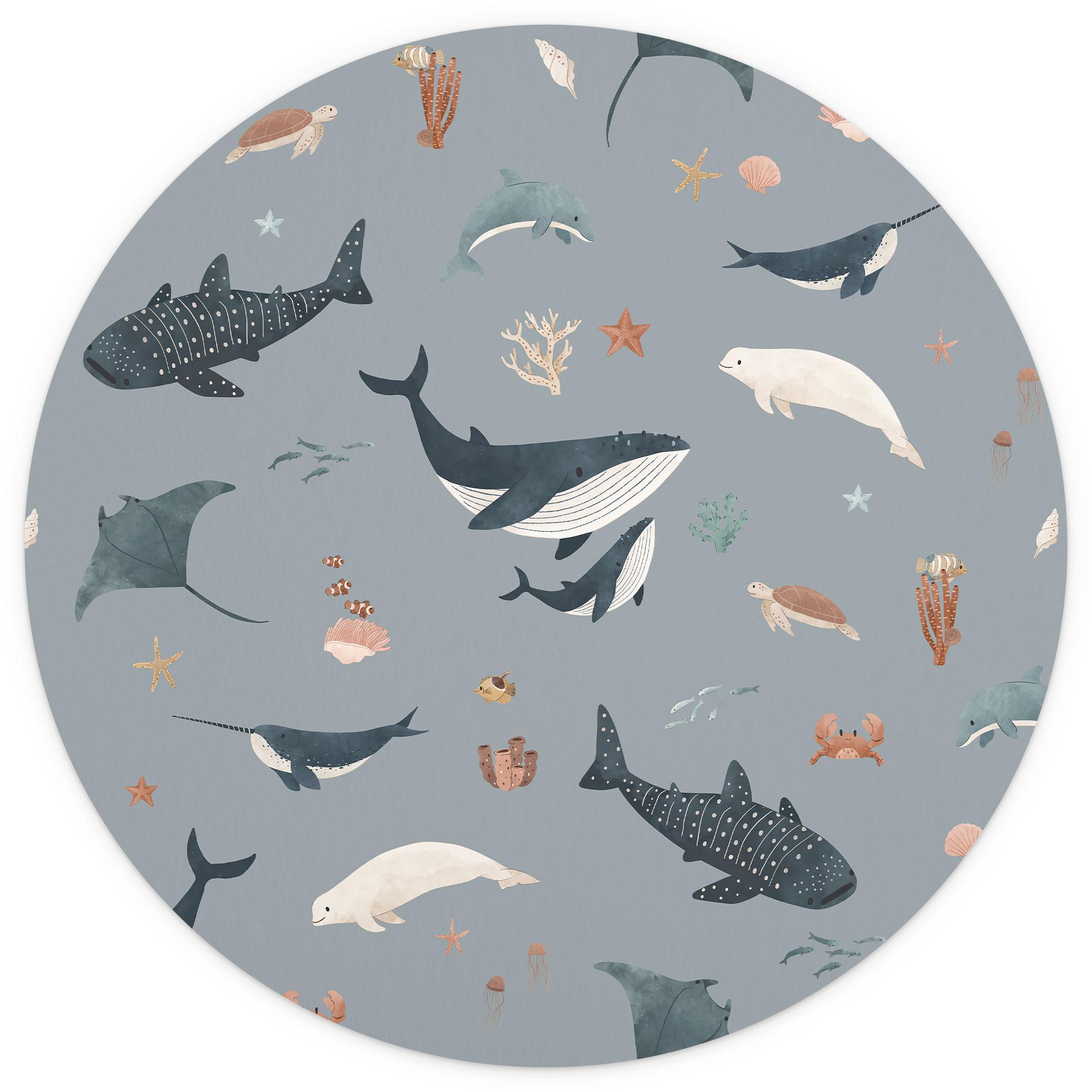 Maritieme onderwaterwereld - Walvissen en zeedieren - Kikki Belle - Rond - vliesbehang/zelfklevend v