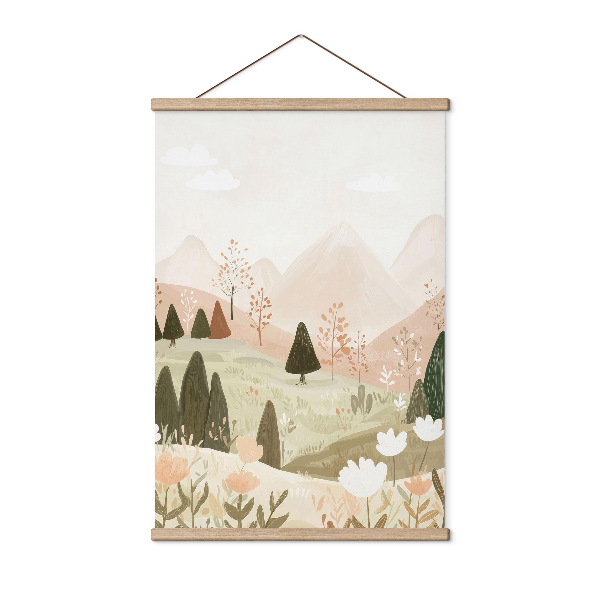 Tekstil plakat bjerglandskab med blomster - Treechild