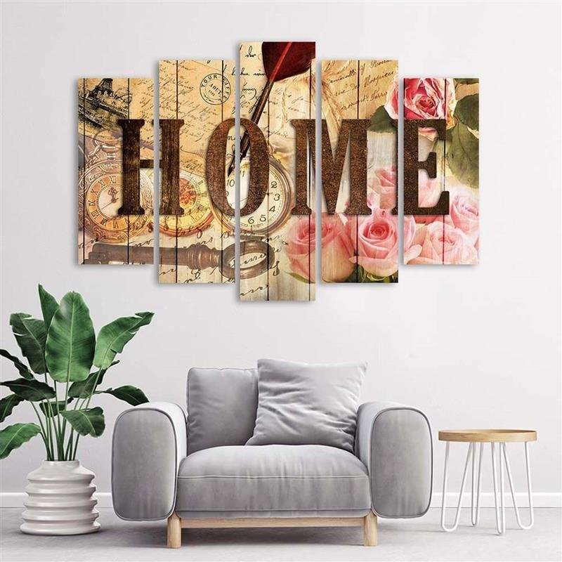 5-delige canvas print Home Retro bloemen inscriptie