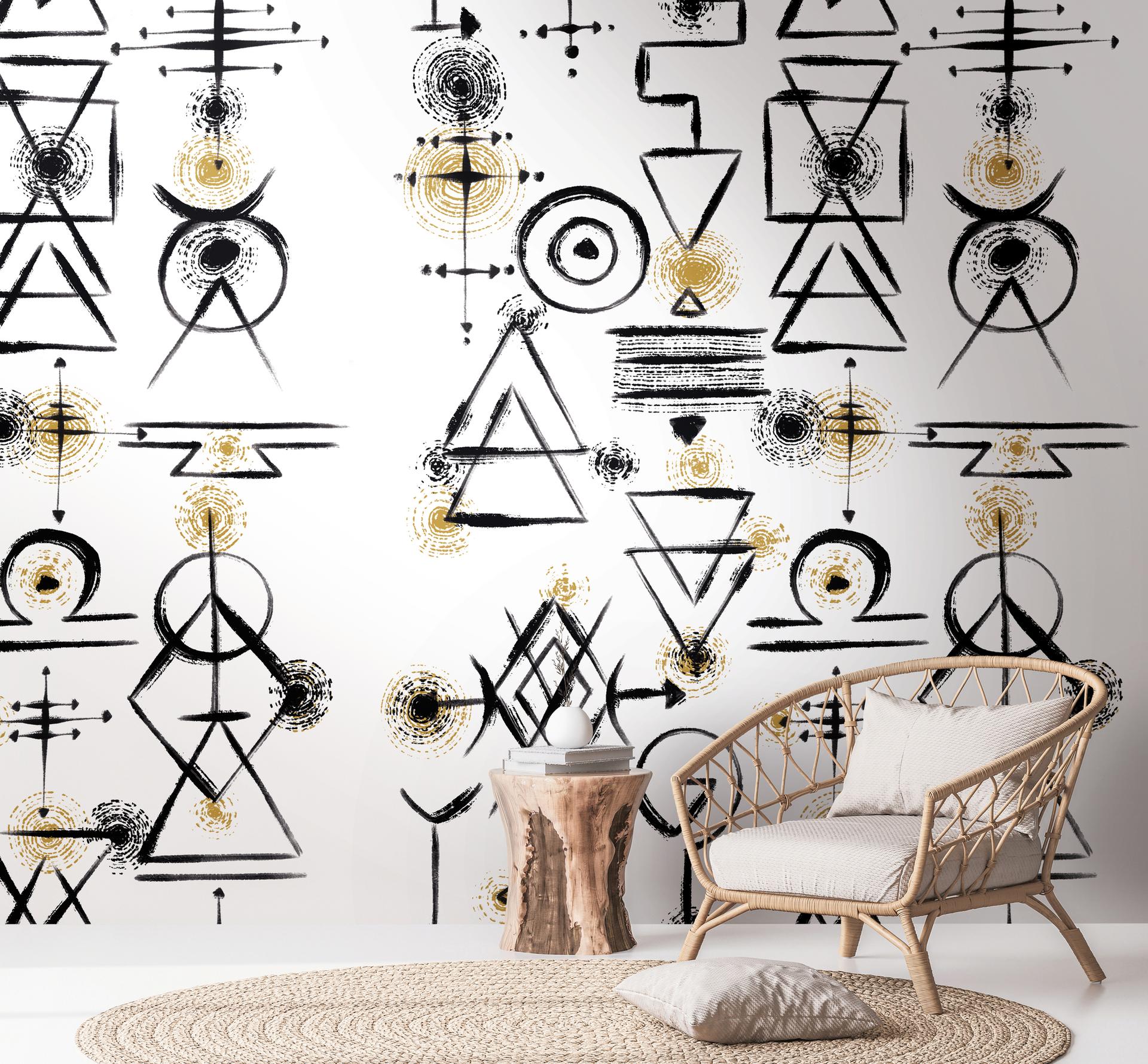 etno tapet hvid sort - non-woven tapet kunst Livingwalls - mat og glat