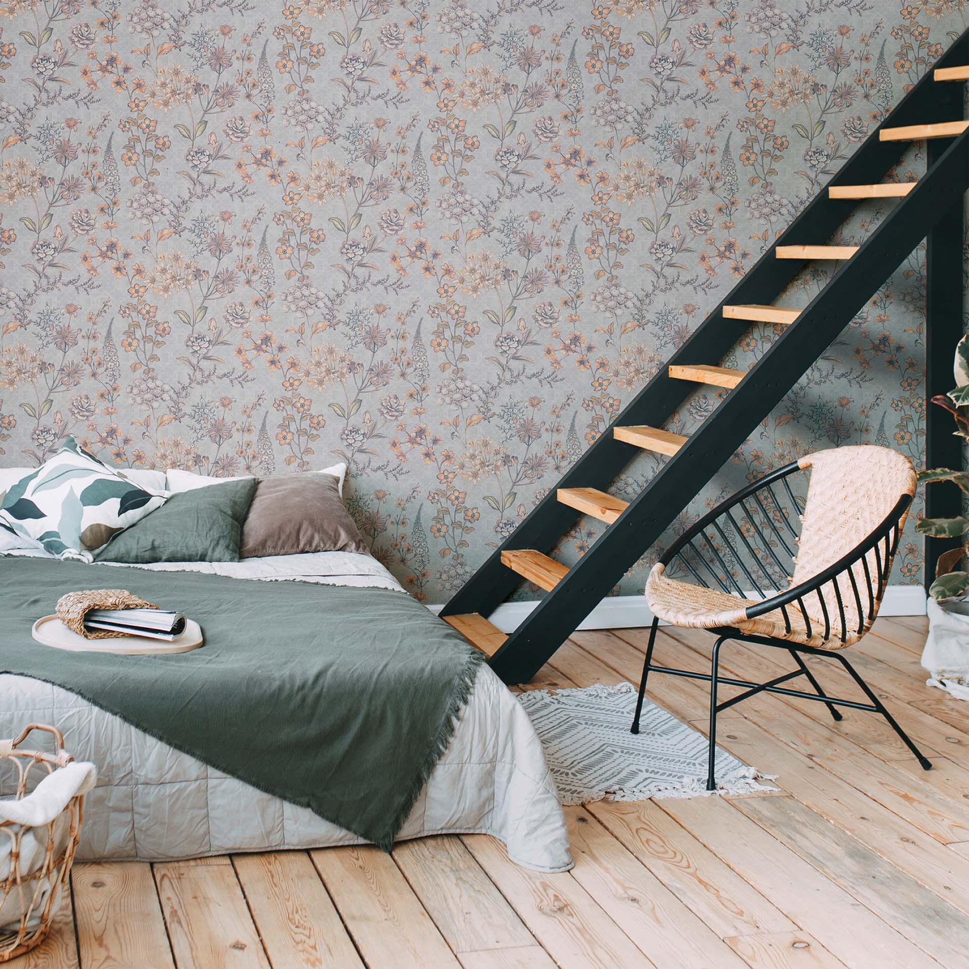 Plattelandshuis behang bladeren, planten, bloemen - vliesbehang grijs oranje bloemen behang vintage