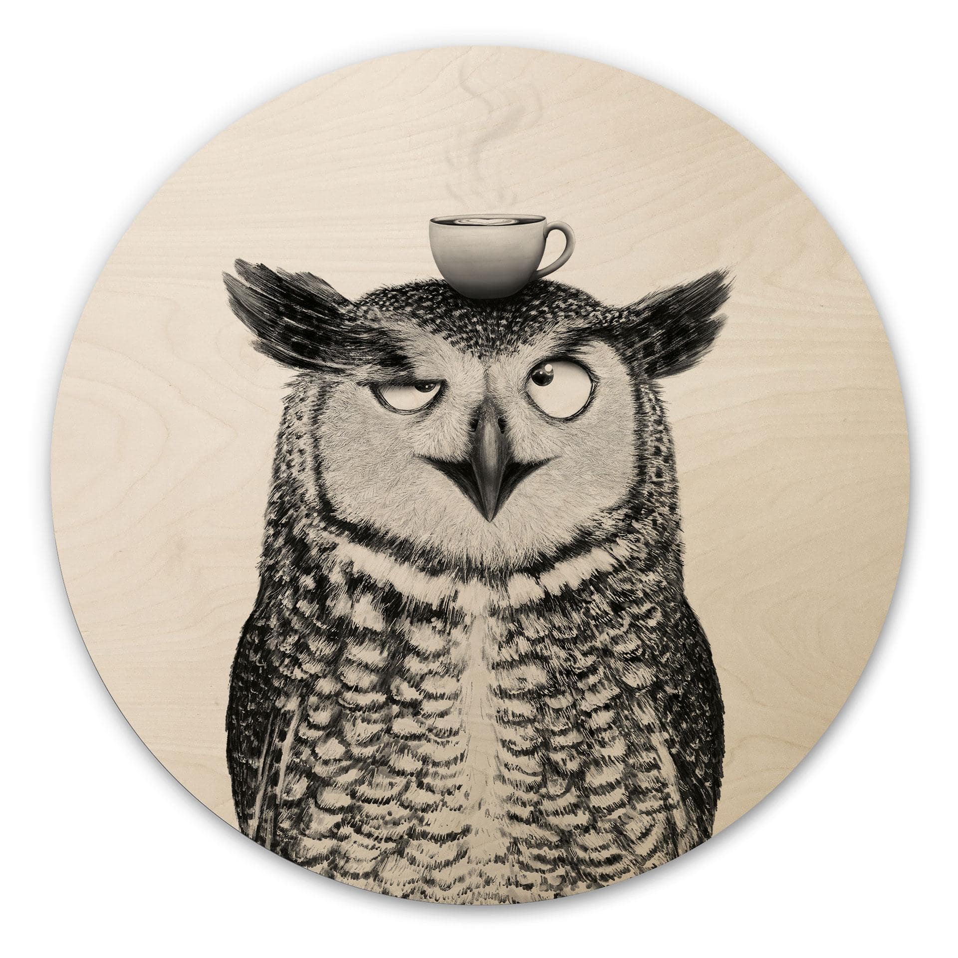 Tableau sur bois Rond Hibou amusant avec café - Korenkova