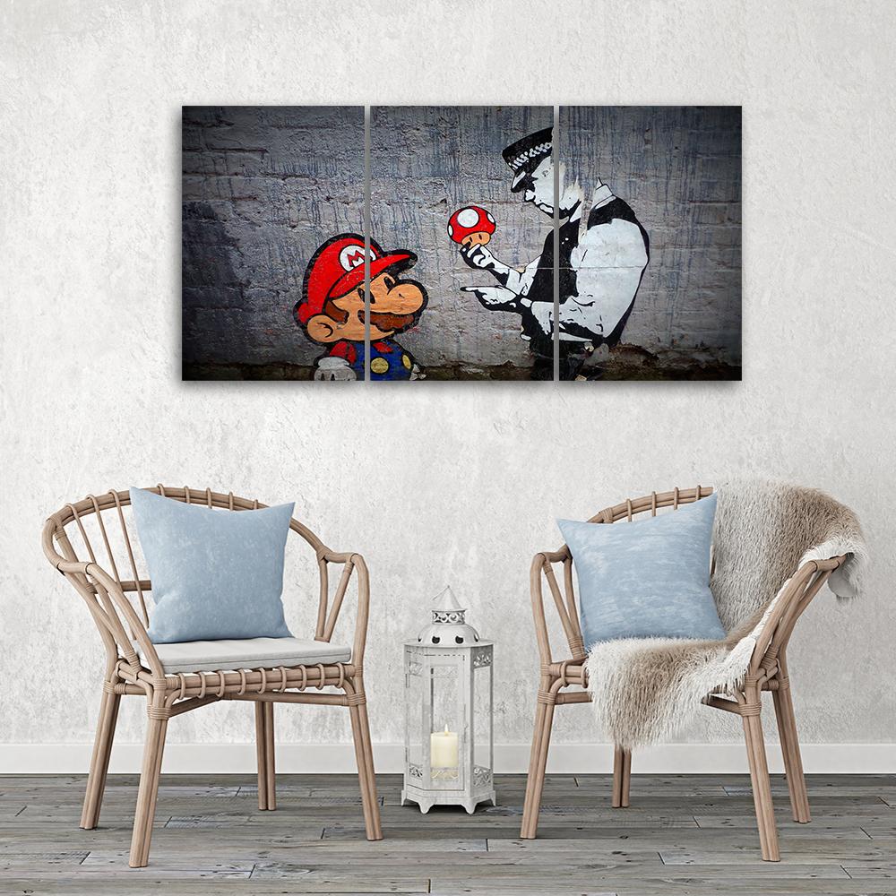 3 stykke lærredstryk, Banksy Mario Graffiti