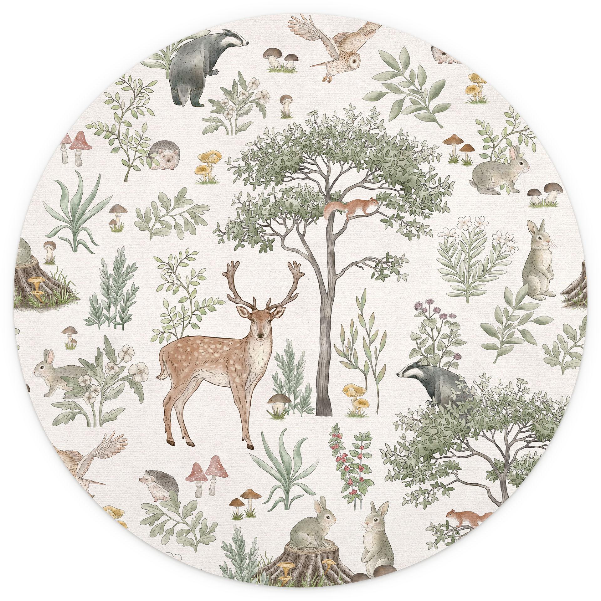 Betoverend bos met dieren behang - Vintage crème - Kikki Belle - Rond - vliesbehang/zelfklevend vlie