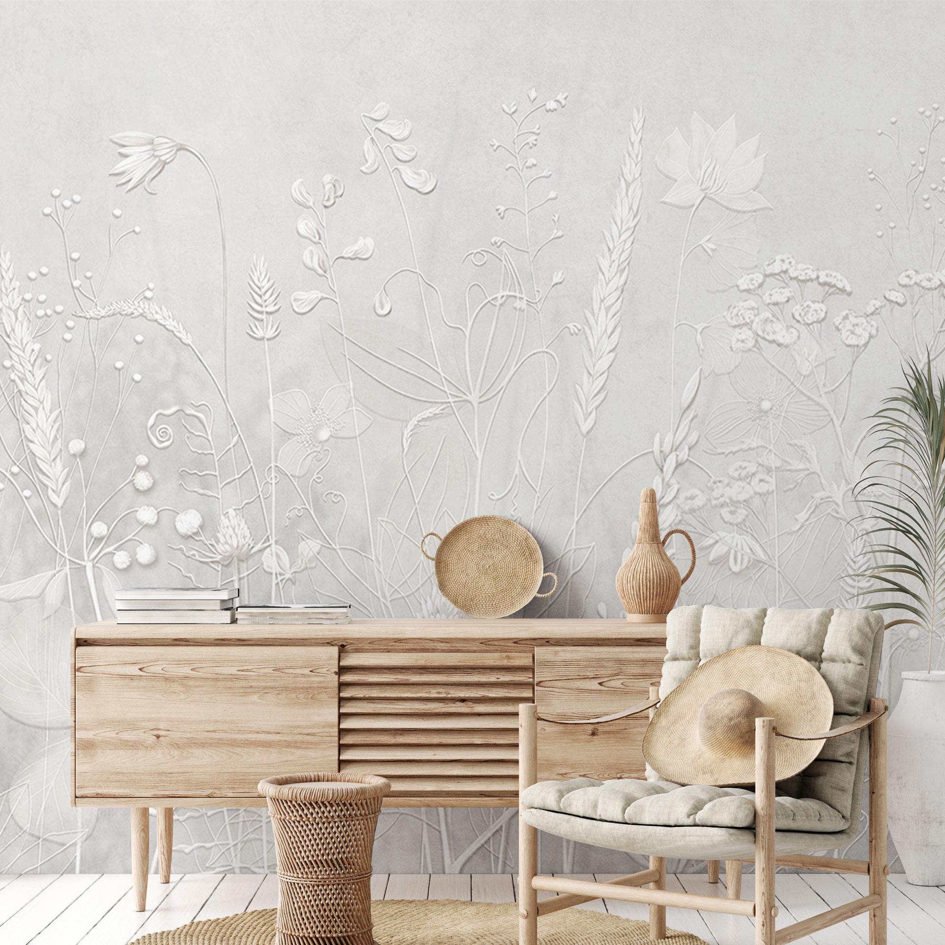 Bloemen Fotobehang - planten in wit in een modern ontwerp - Ms Tiff