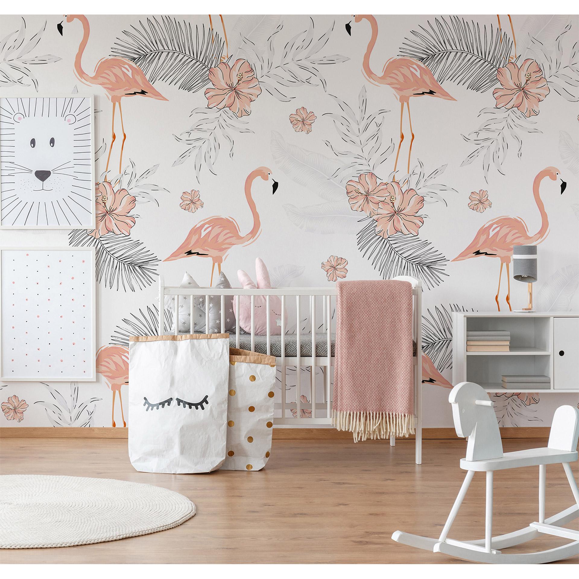 foto tapet Designwalls i hvid og pink non-woven tapet Tropical Vibes flamingo fugle