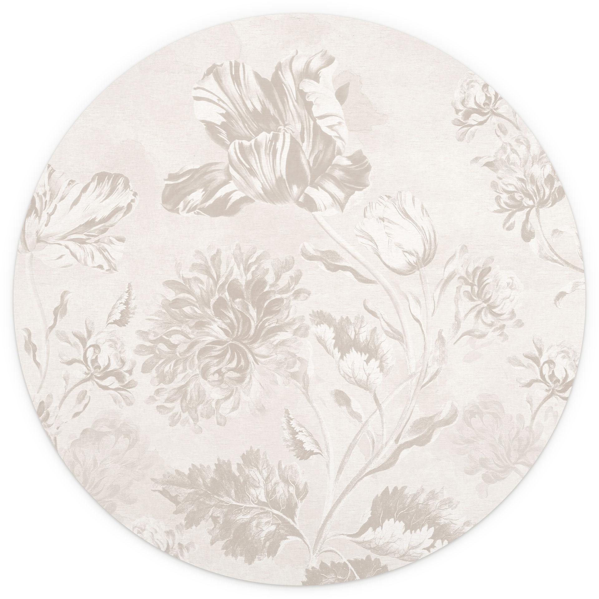 Bloemenillustratie - Wilde bloemen in krijtlook Greige - Bloemdecor - Rond - Zelfklevend/niet-geweve
