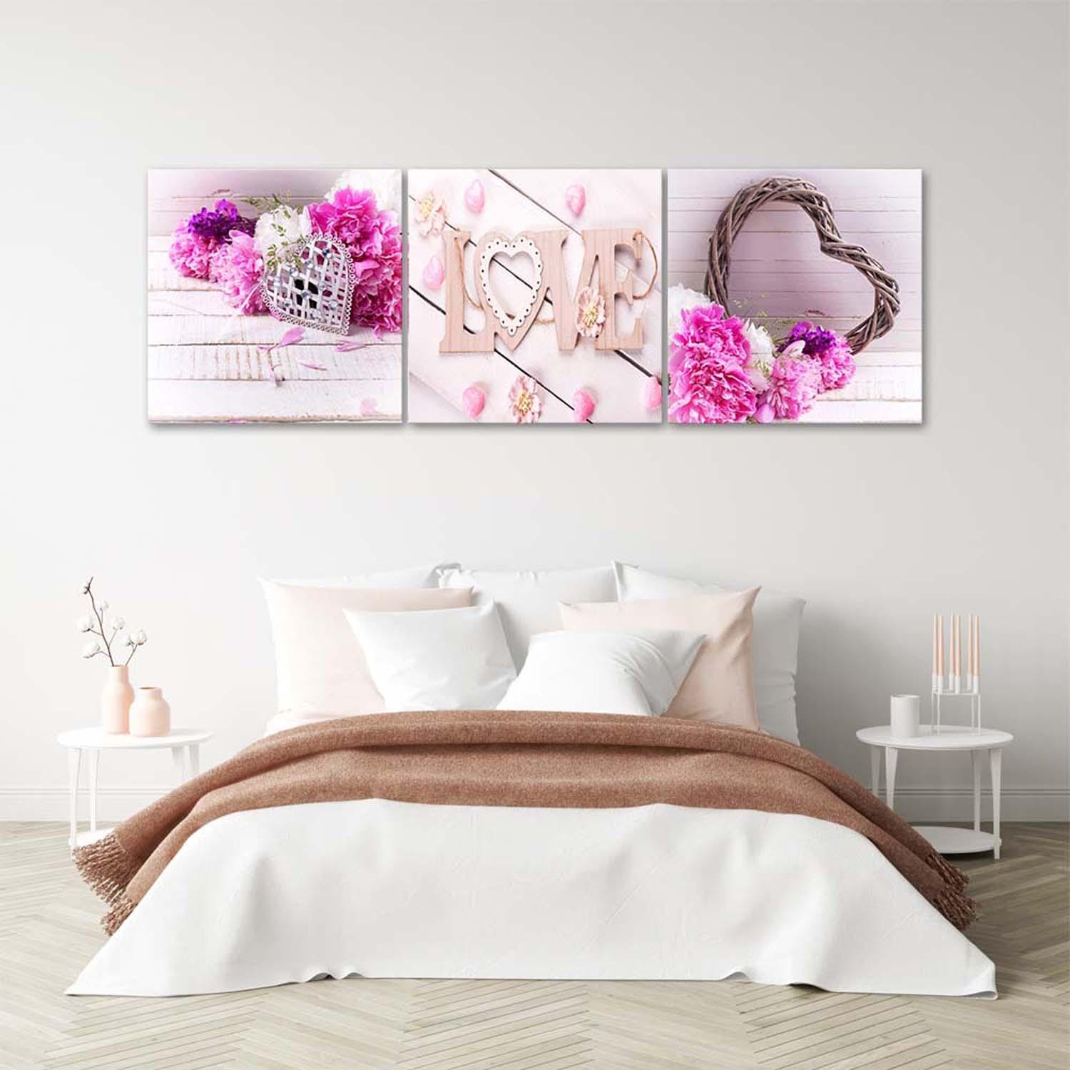3 stykke lærredsprint, Pink Flower LOVE Inscription