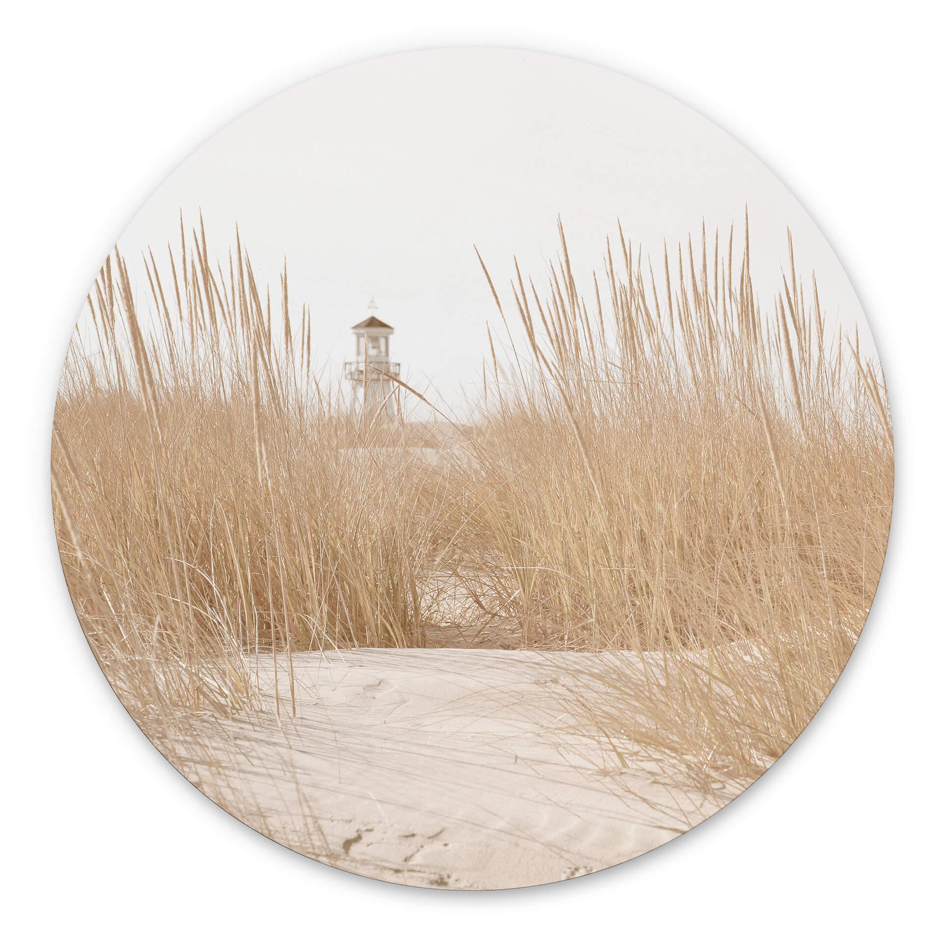 Tableau sur alu-Dibond rond Phare dans l'herbe des dunes