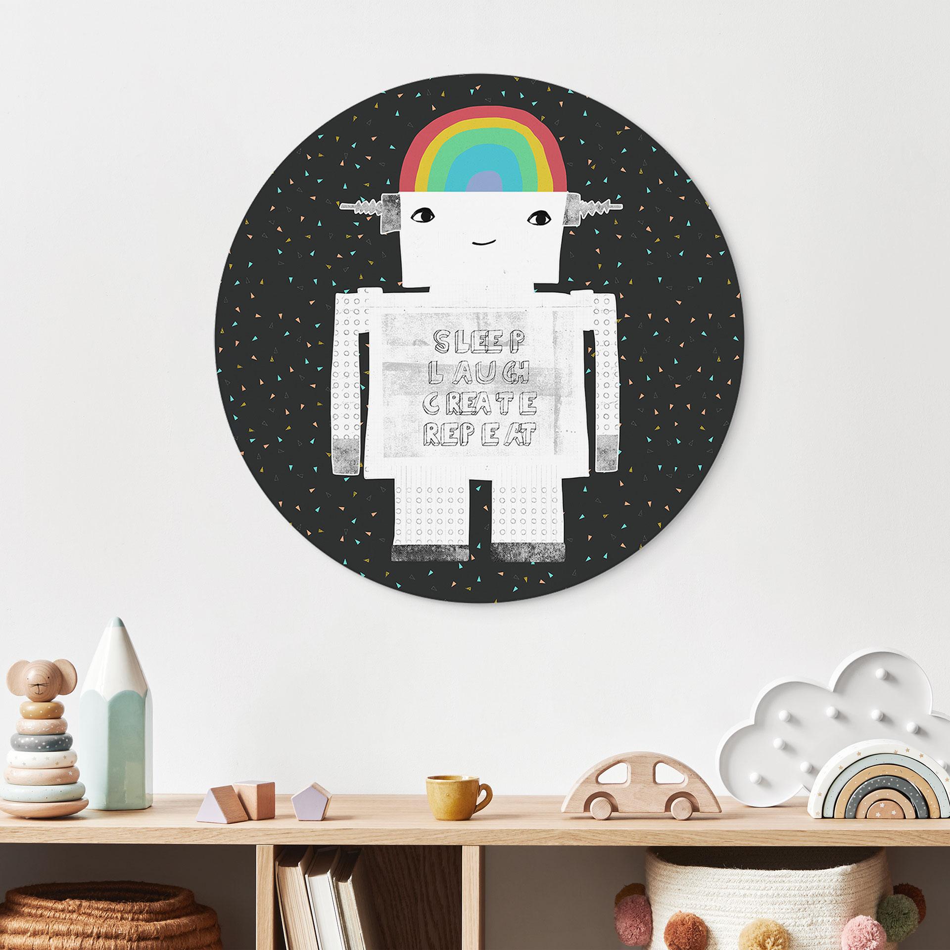 Billede Rainbow Robot Sleep Laugh Create - Treechild - rund â€“ print på aluminium (Alu-Dibond)