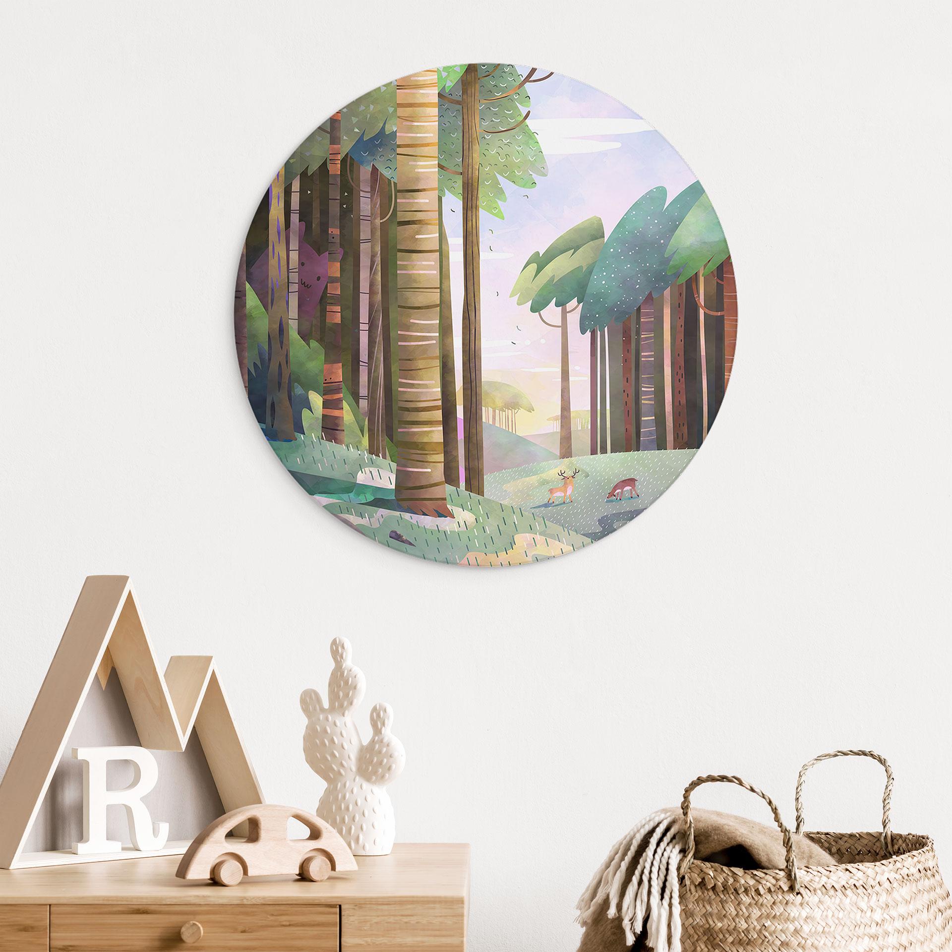 Billede Solrig skov med hjorte - DigitalArtsi - Rund – print på aluminium (Alu-Dibond)