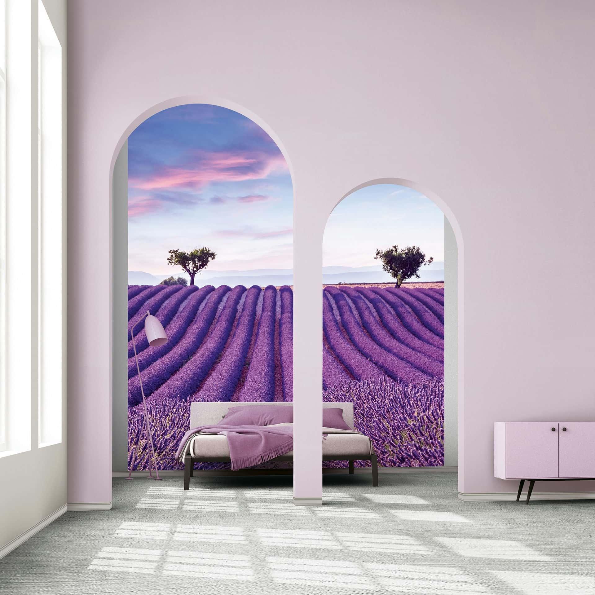 Fotobehang landschap, velden grafische natuur mat in paars voor woonkamer 2,70 x 2,12m