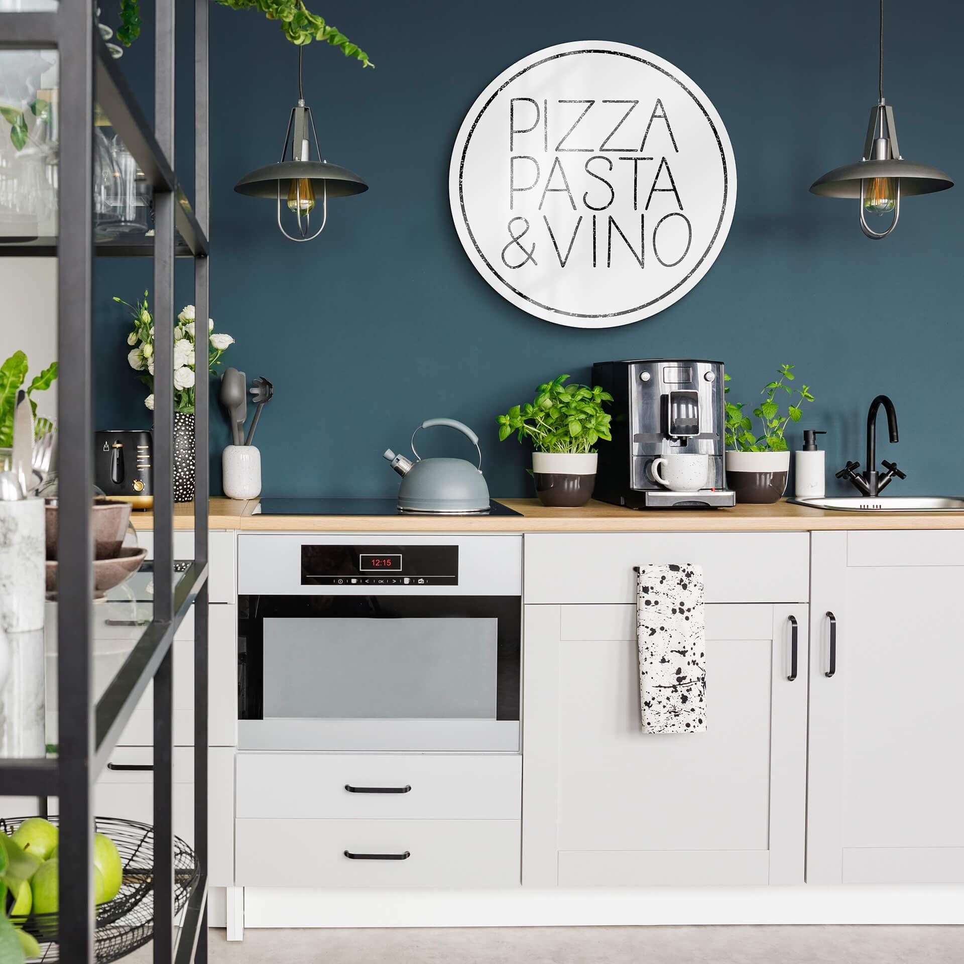 Glasschilderij Pizza Pasta & Vino - wit