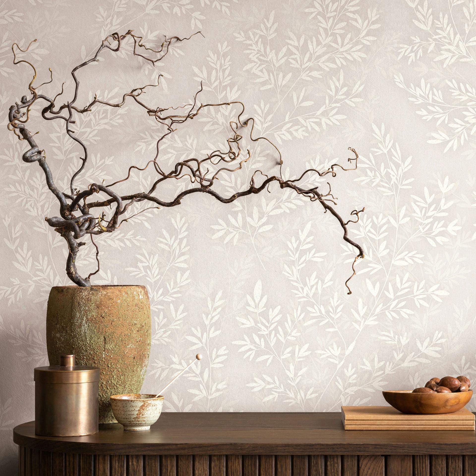 Vliesbehang bladeren bloem natuur mat in grijs beige