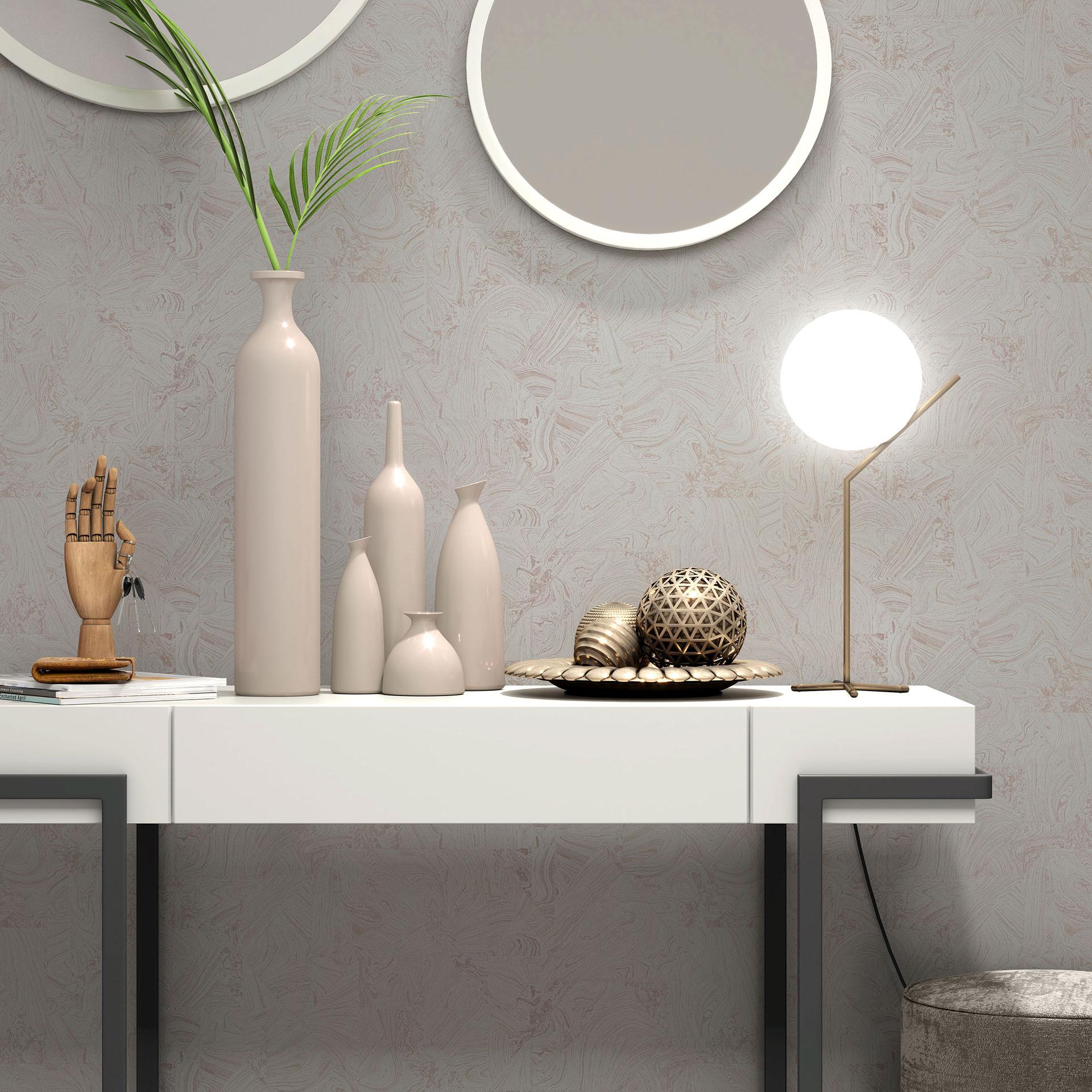 PVC-frit grafisk non-woven tapet med marmorlook og metallisk effekt i taupe