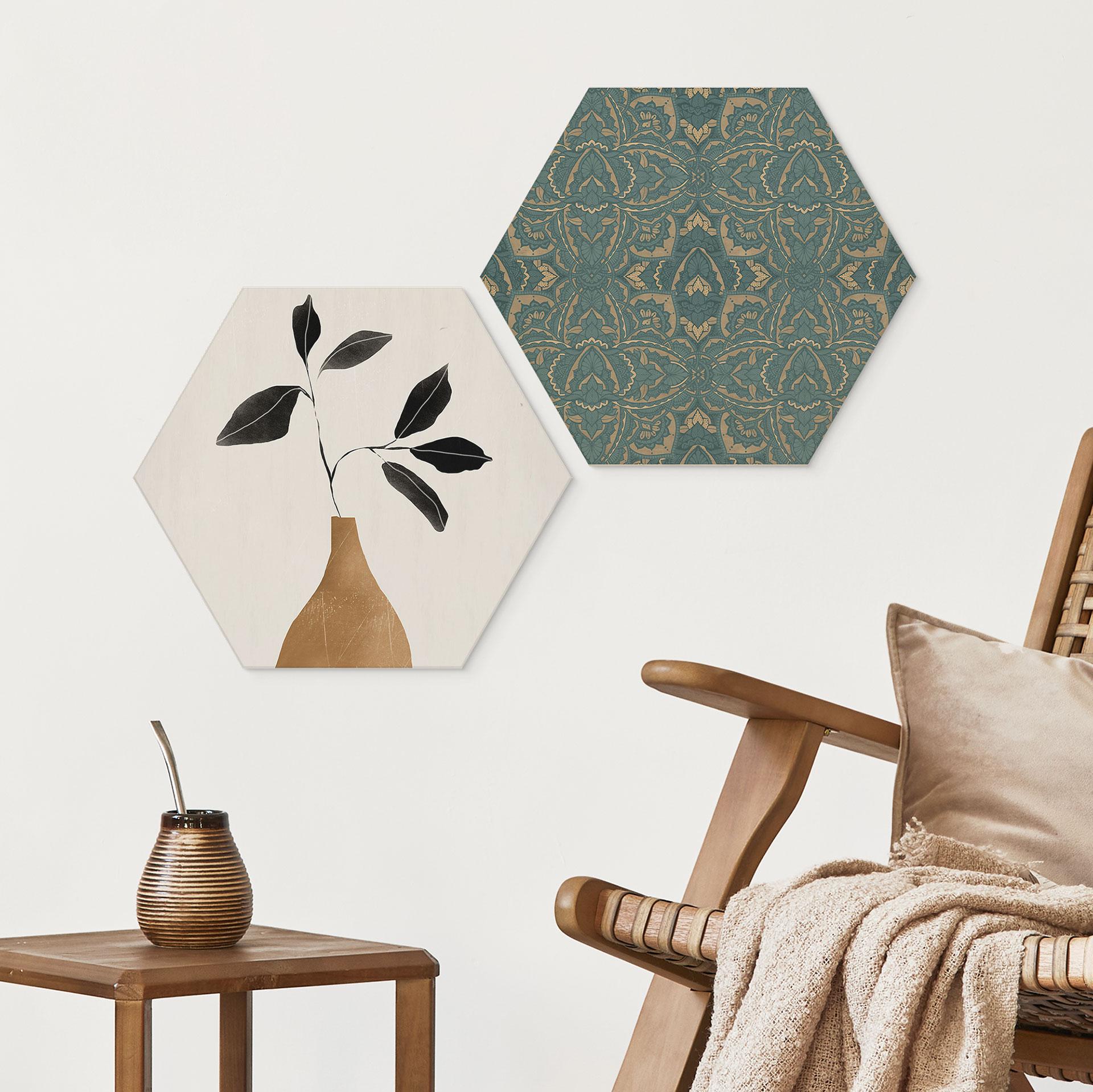 Sekskantet billede gren i gylden vase - ThingDesign - Aluminium dibond