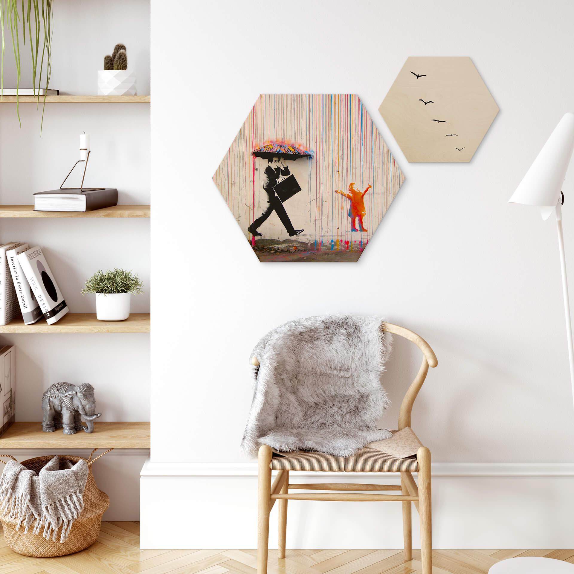Esagoni in legno Banksy - Pioggia colorata
