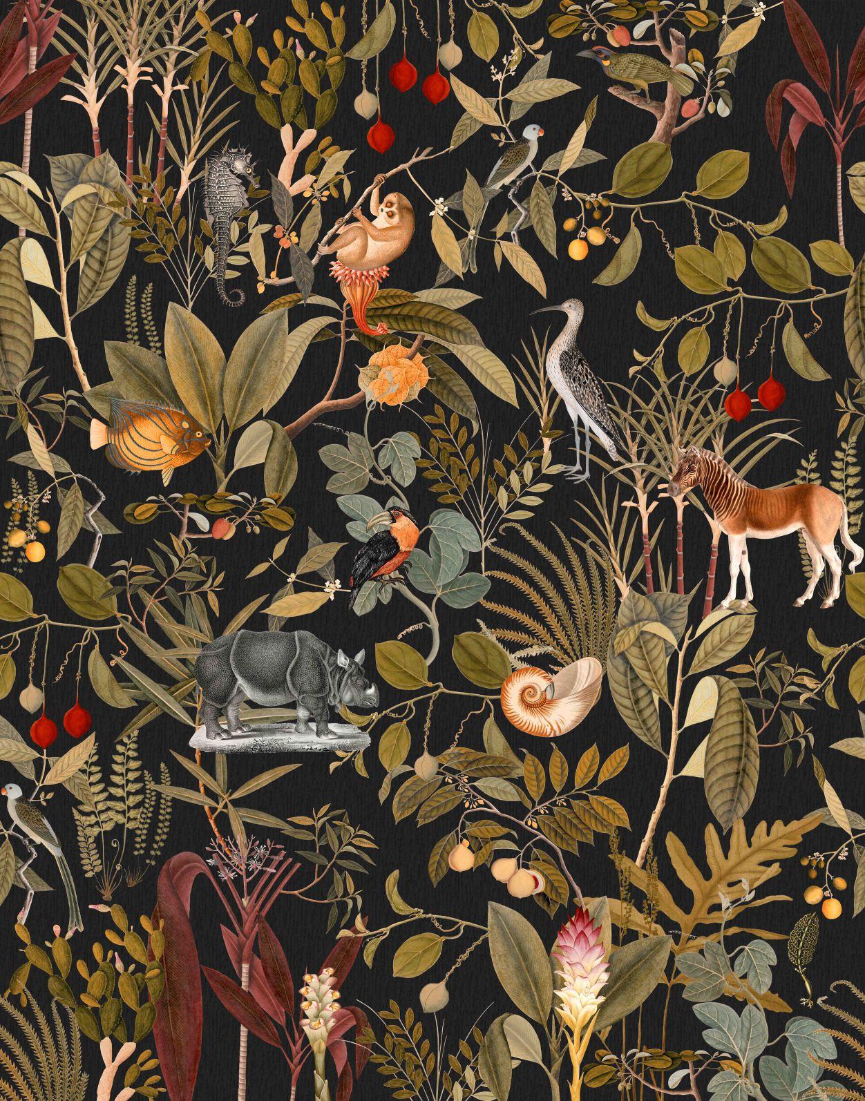 Fototapet med junglecollage med dyr og planter på sort baggrund 2,7 x 2,12 m