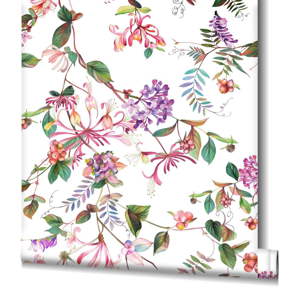 behang, vlies bloemen behang Flora wit, roze