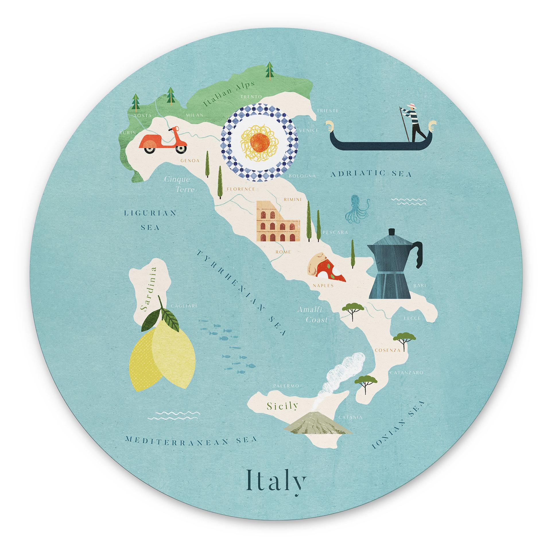 Vægcirkel Kort over Italien - Rivers – print på aluminium (Alu-Dibond)