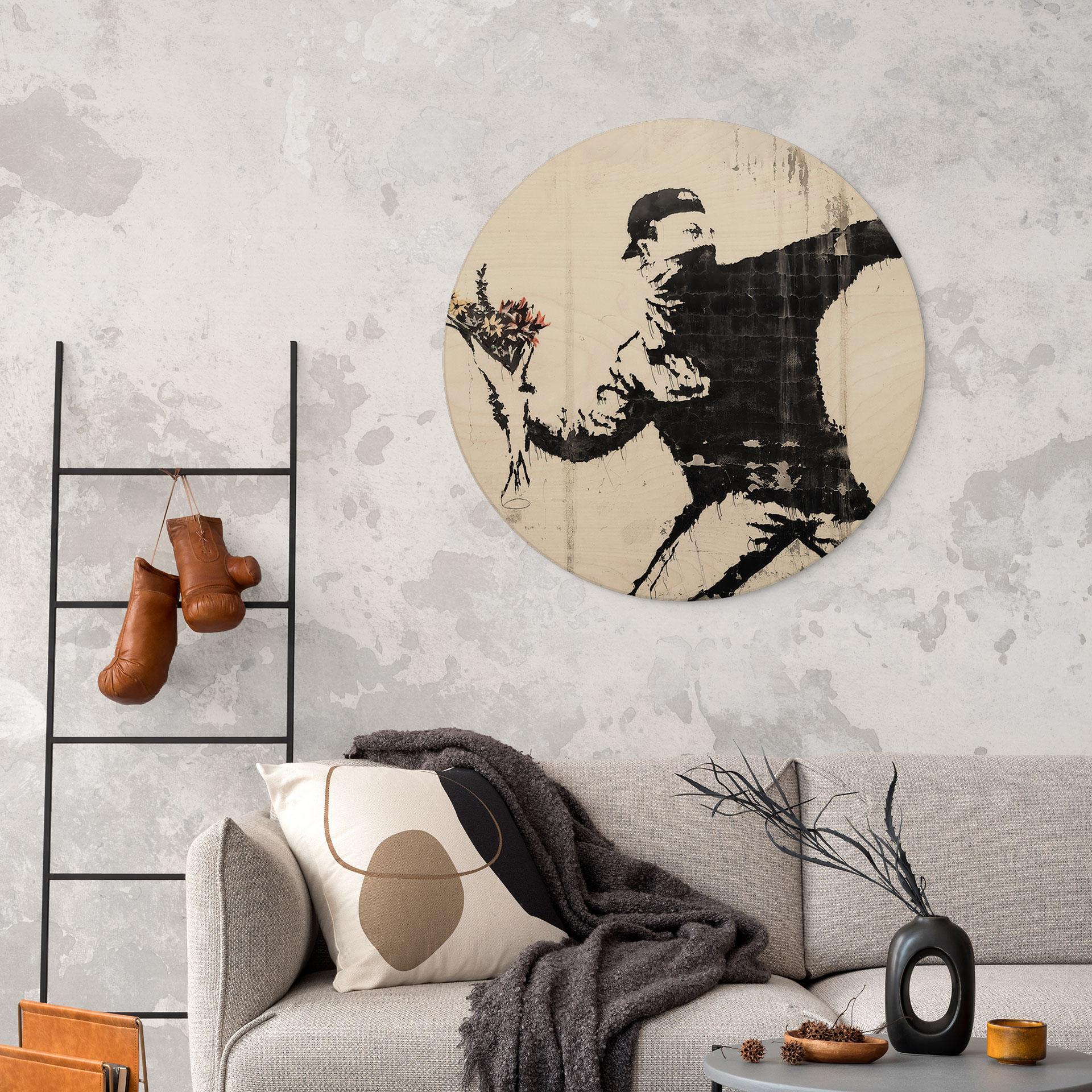 Drewniany obraz Banksy - Miotacz kwiatów - Okrągły