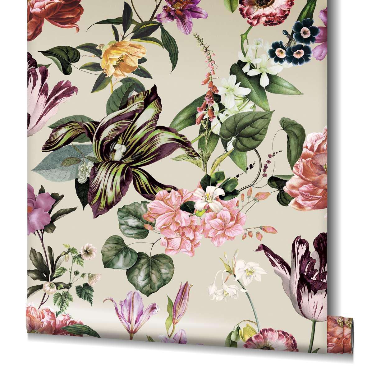 Behang, vlies bloemen behang Flora beige, roze