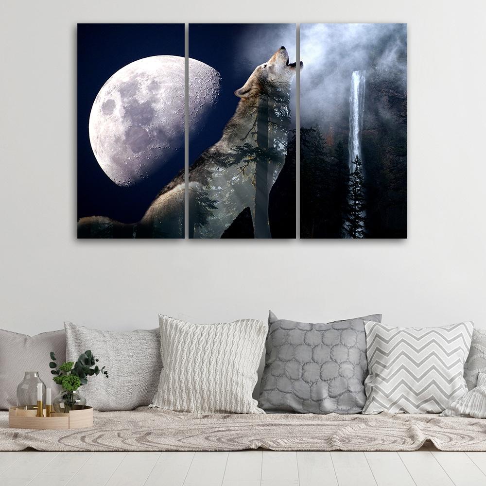 3 stykke lærredsprint, Wolf Nature Moon Fog