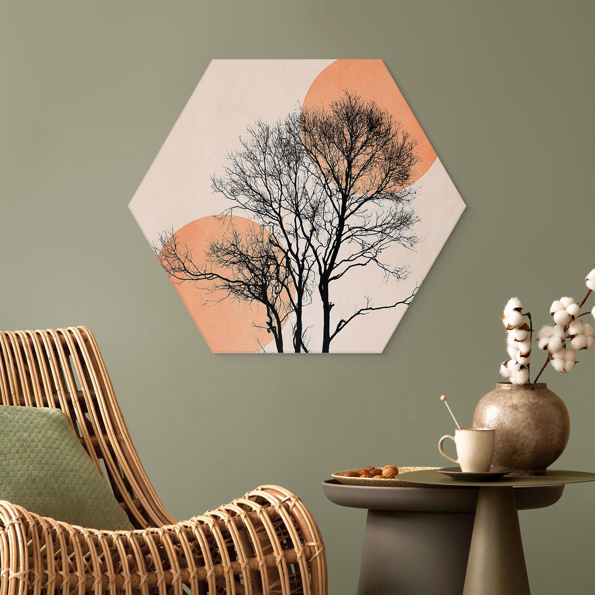 Hexagon Dibond Sol og måne i orange - Kubistika