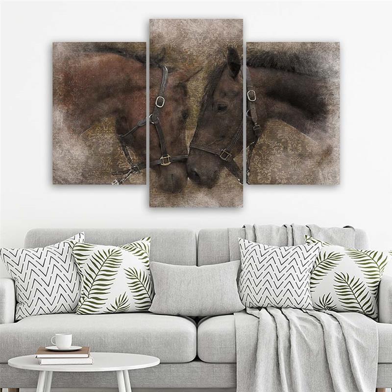3-delige canvas print, paarden dieren bruin