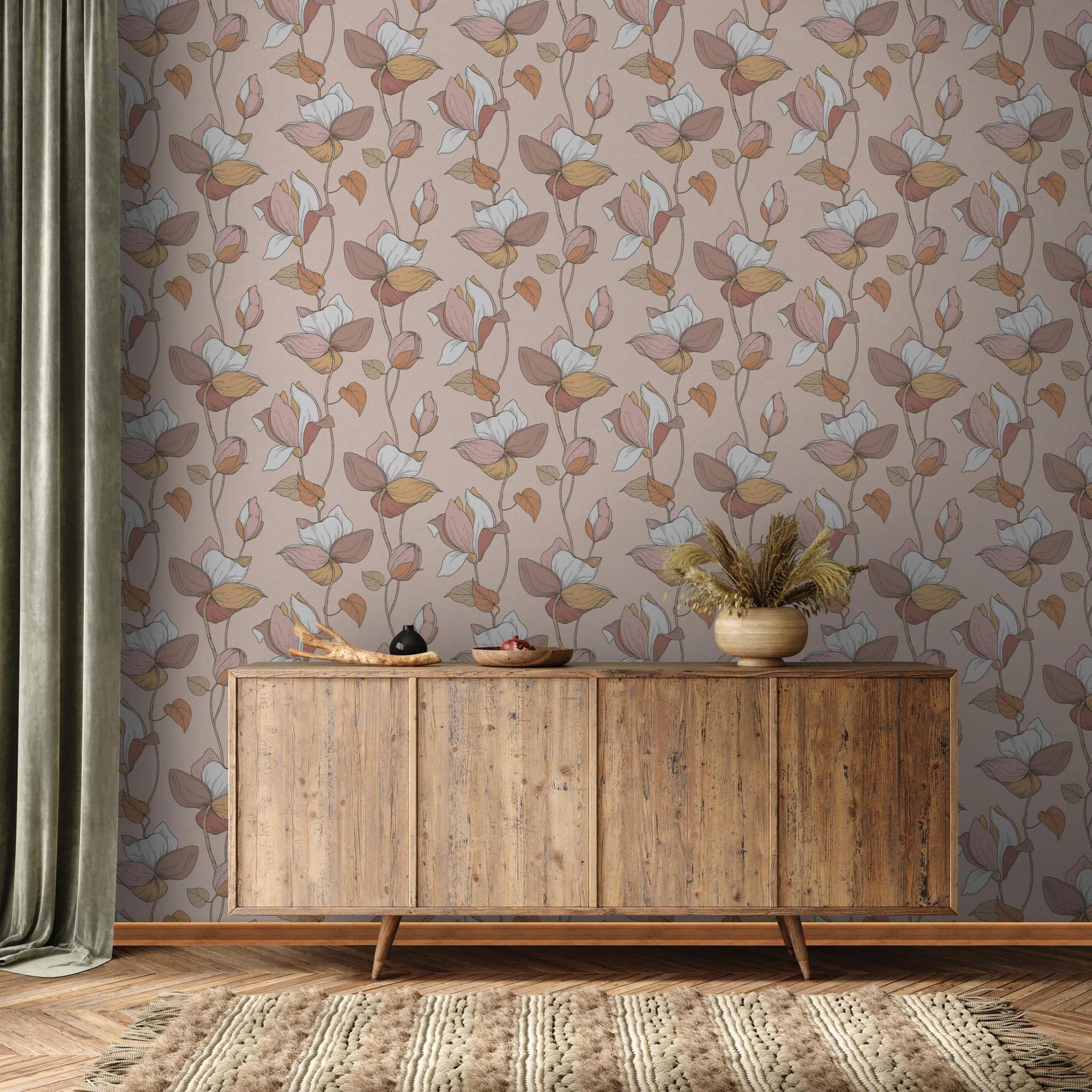 Tapet, non-woven blomstertapet Flora beige, brun