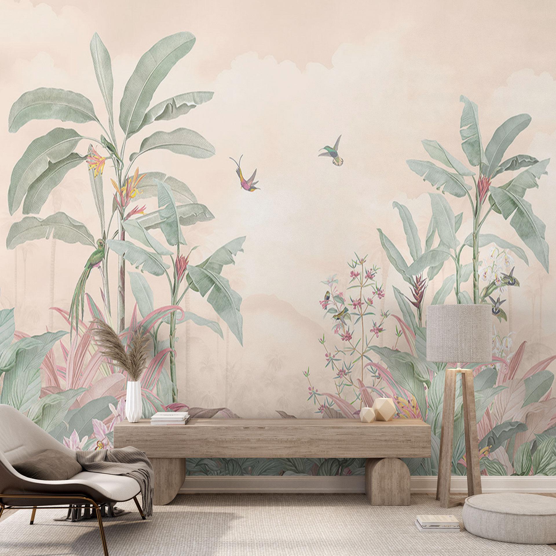 Jungle tapet tropisk idyl med kolibri abrikos - Bloomery Decor