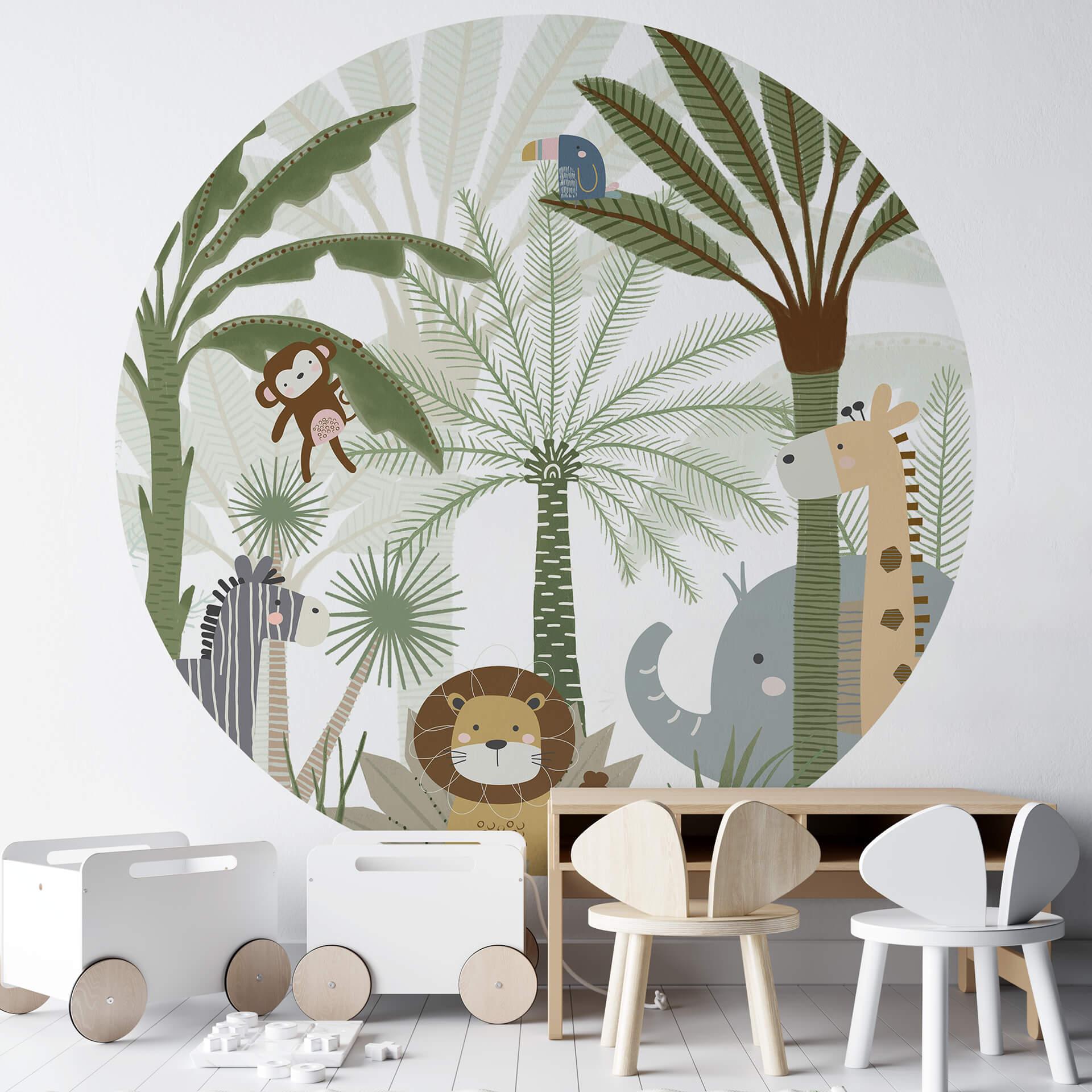 Tapet cirkel Oliver Robins - Sweet Jungle Animals - vliesetapet/selvklæbende non-woven tapet