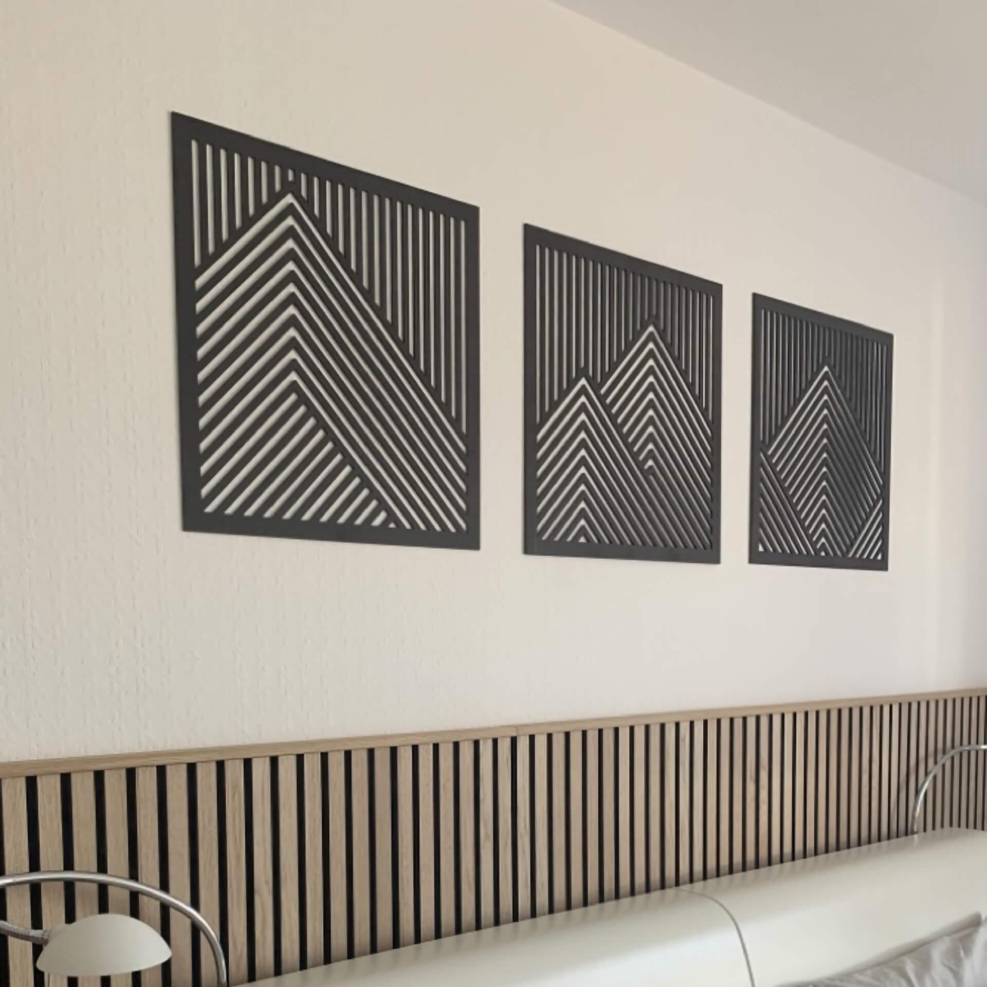 decoración mural 3D paisaje de montaña paneles murales motivo madera geométrico (3 piezas) - MDF