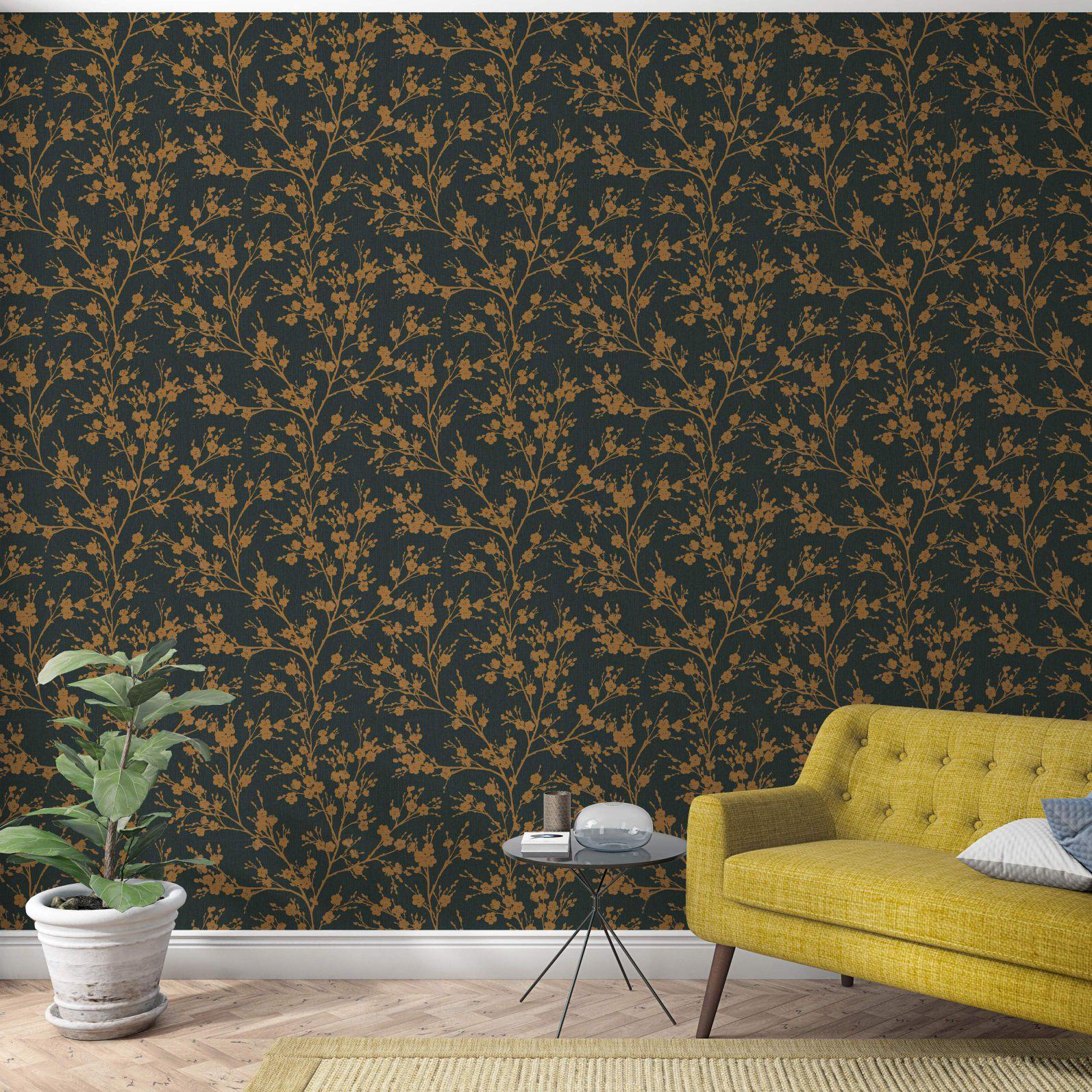 Blomstertapet, non-woven tapet Novamur Yvi sort, guld