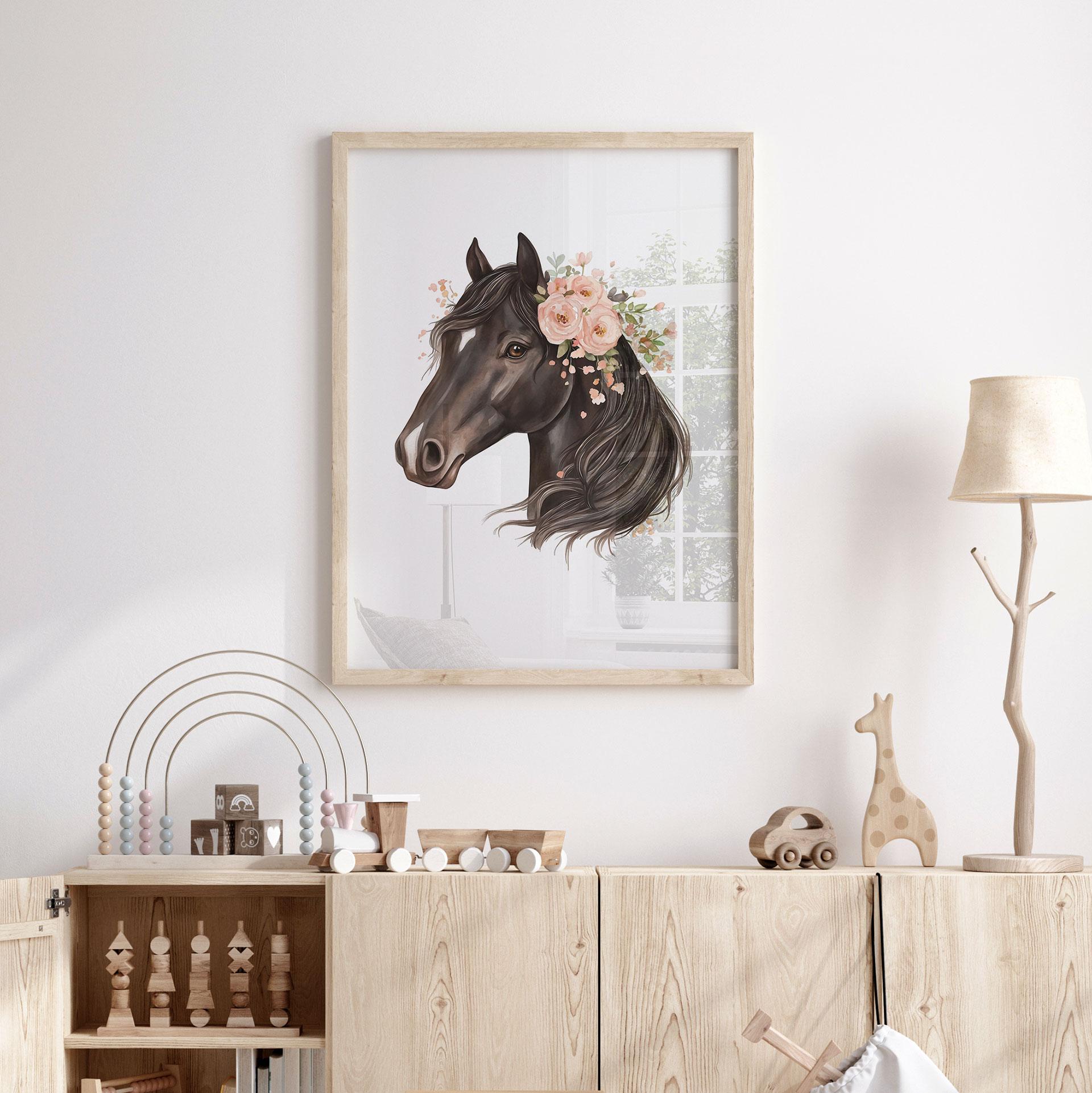Sort boho hesteplakat med roser | Børneplakat til hesteelskere