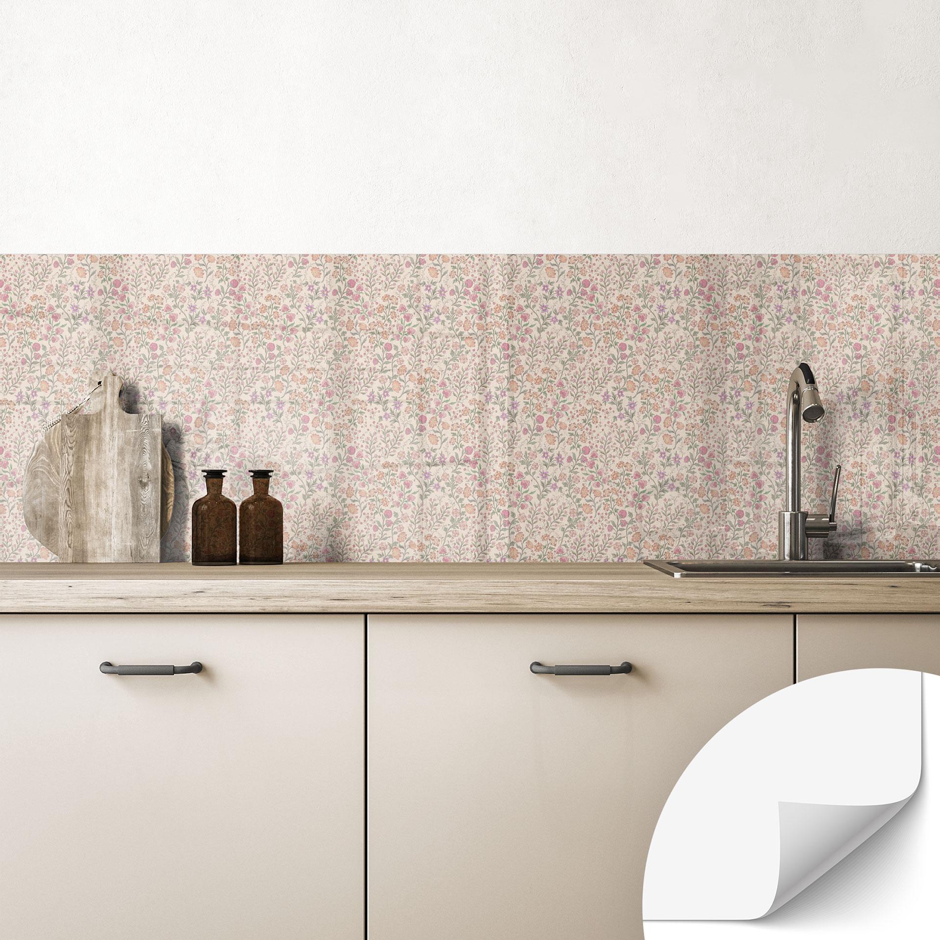 Selvklæbende stænkplade til køkken engblomster vintage - Beige - Bloomery Decor