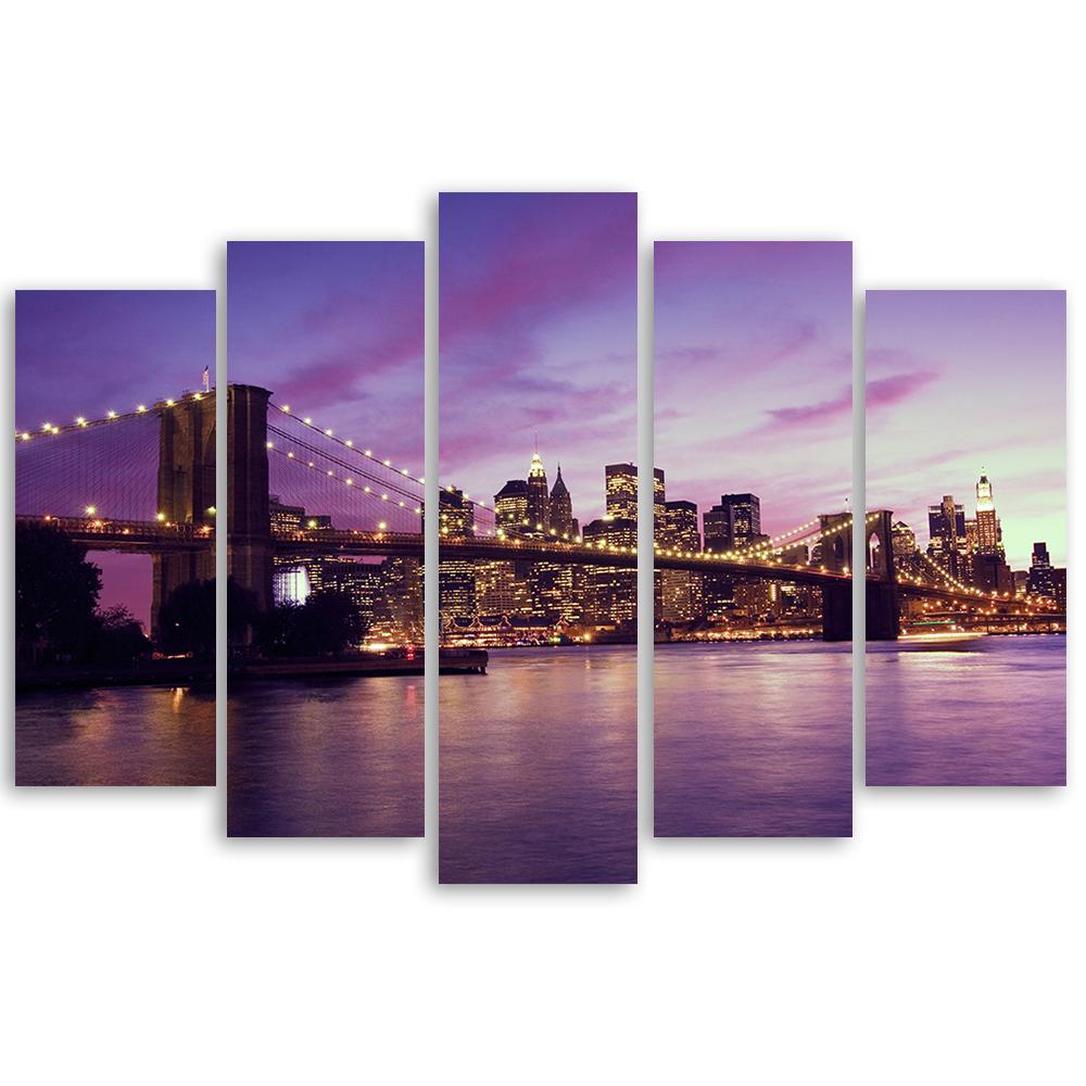 5-delige canvasprint, New York Brooklyn Bridge paars
