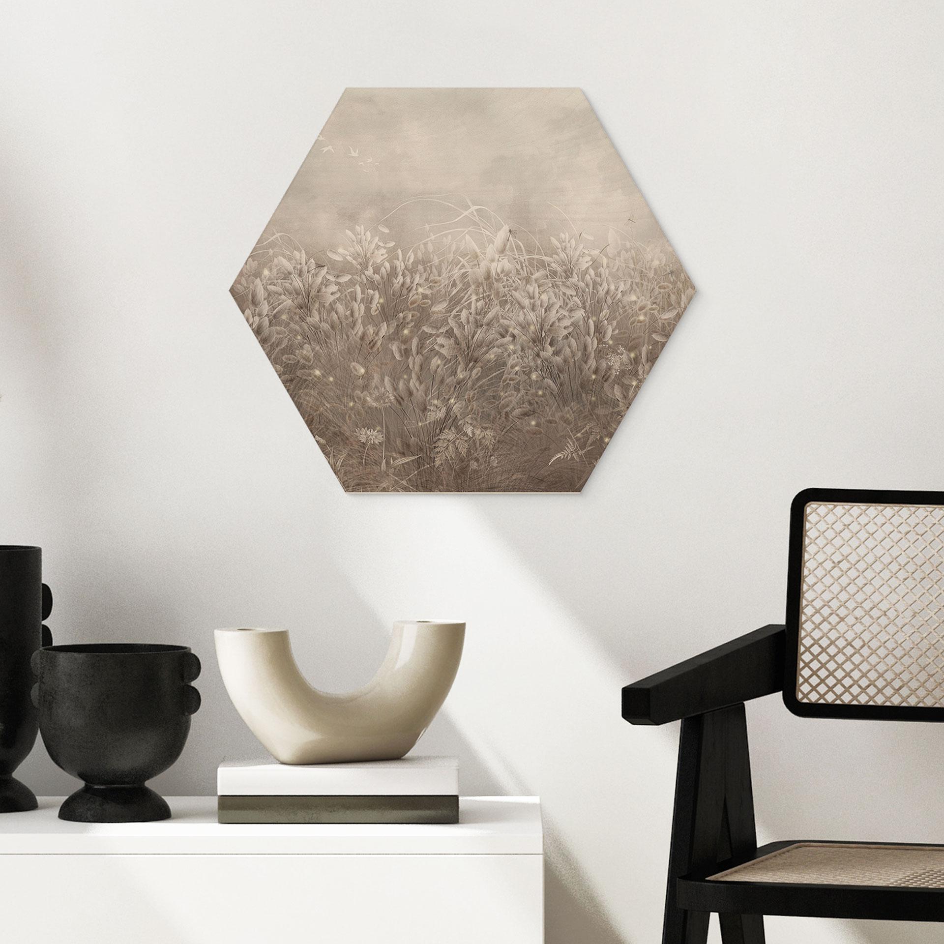 Hexagon Holzbild Pampasgras und Gräser in Beige - Ms Tiff
