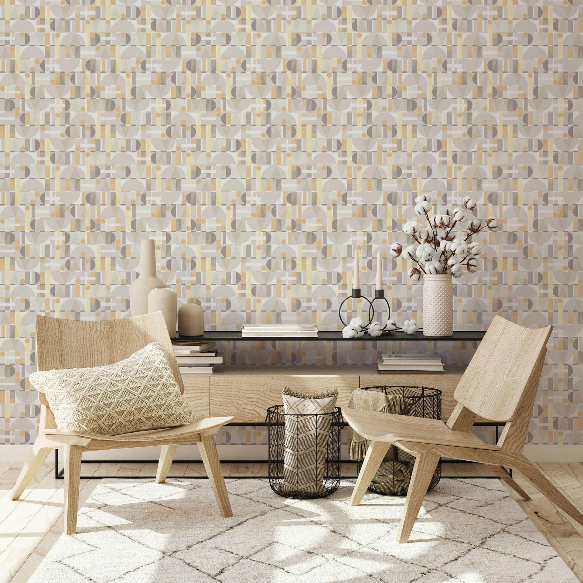 Non-woven tapet i grå hvid gul moderne former grafisk geometrisk