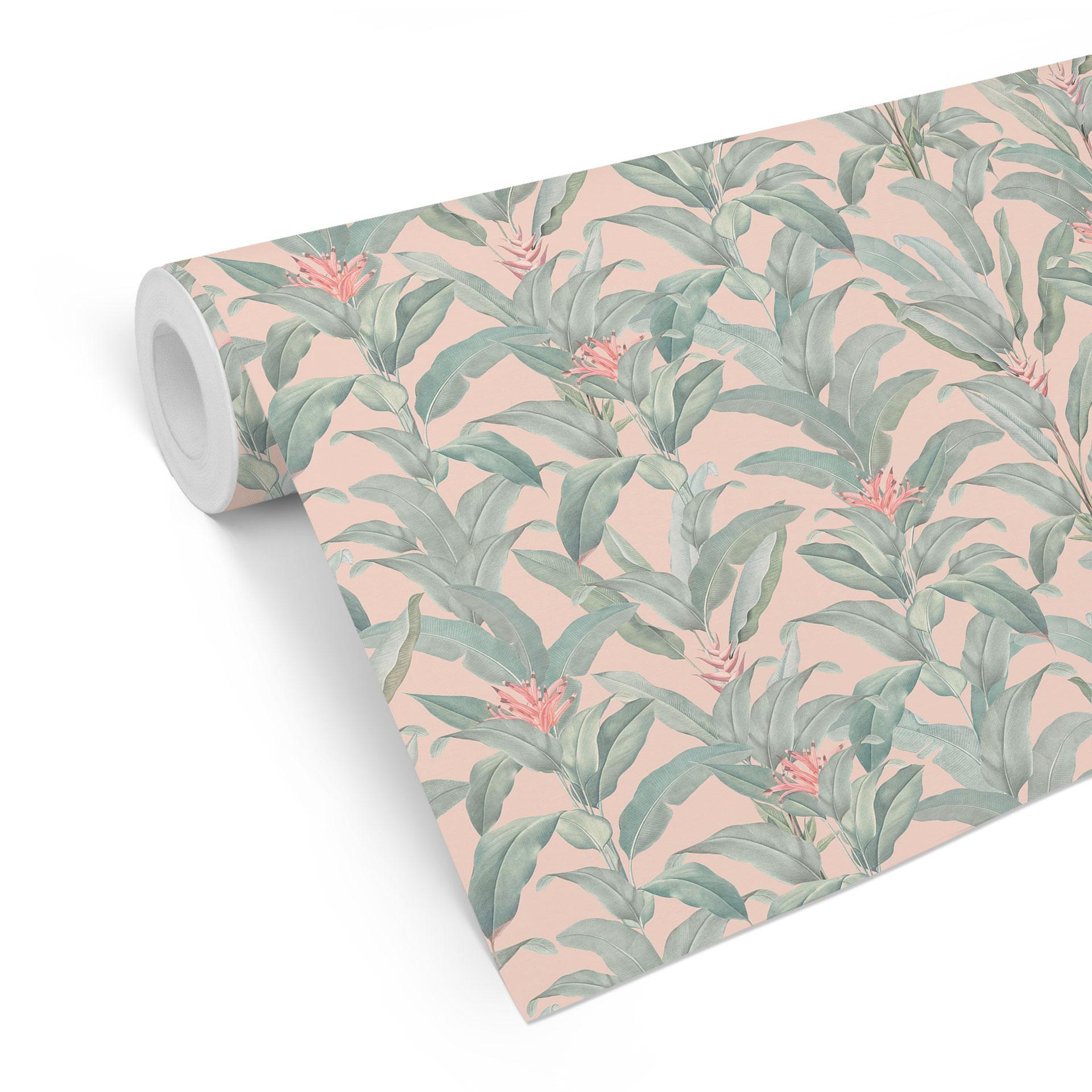 Botanisk tapet med mønster Urban Jungle tropiske blade pink - Bloomery Decor