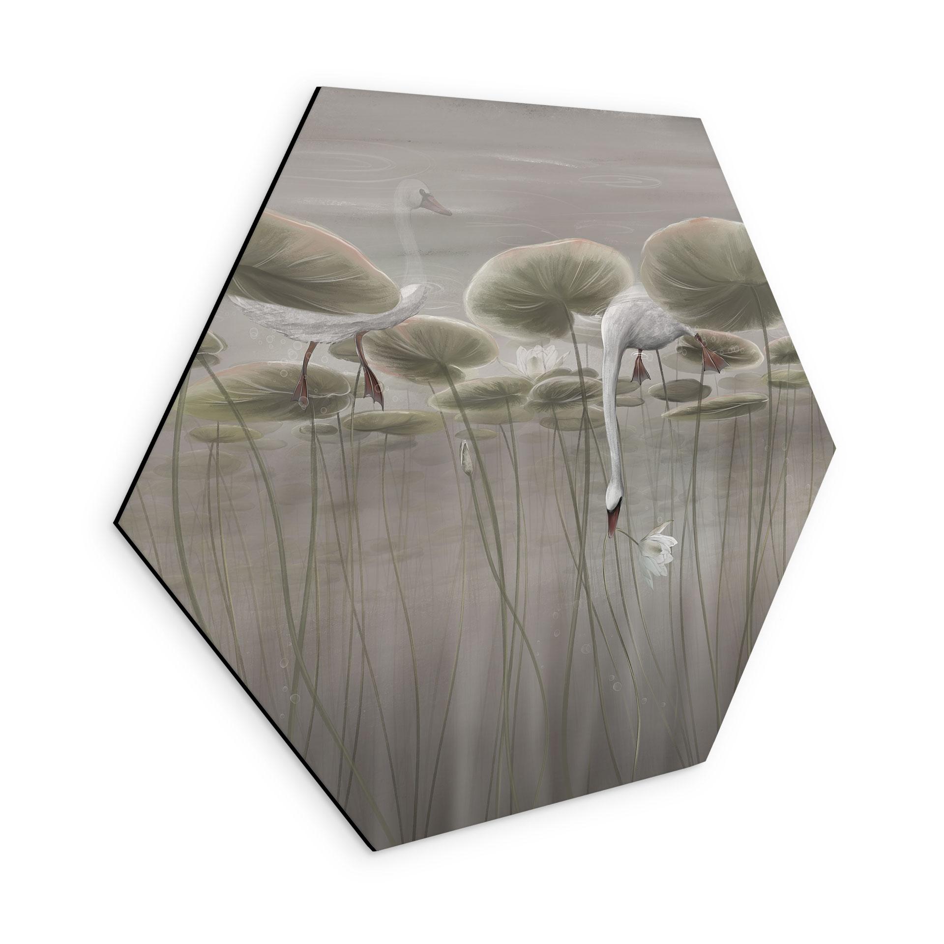 Zeshoek Wanddecoratie lotusbloemen met zwaan in water in grijs - Ms Tiff - Alu-Dibond