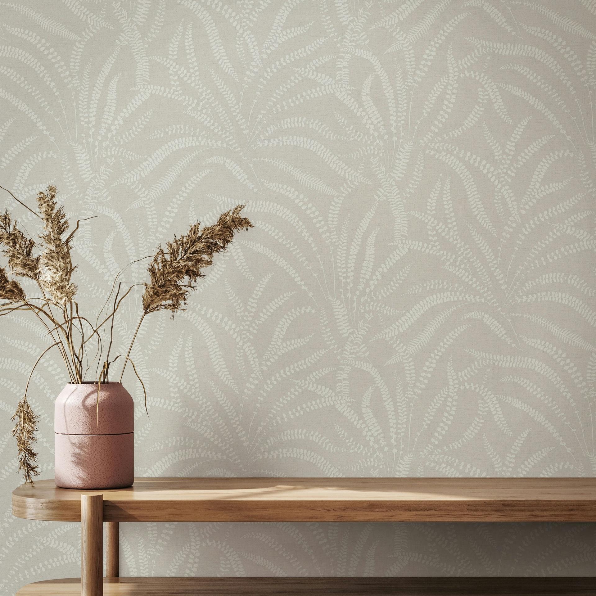 Ikke-vævet tapet blade, ranker blomstret natur i grå beige