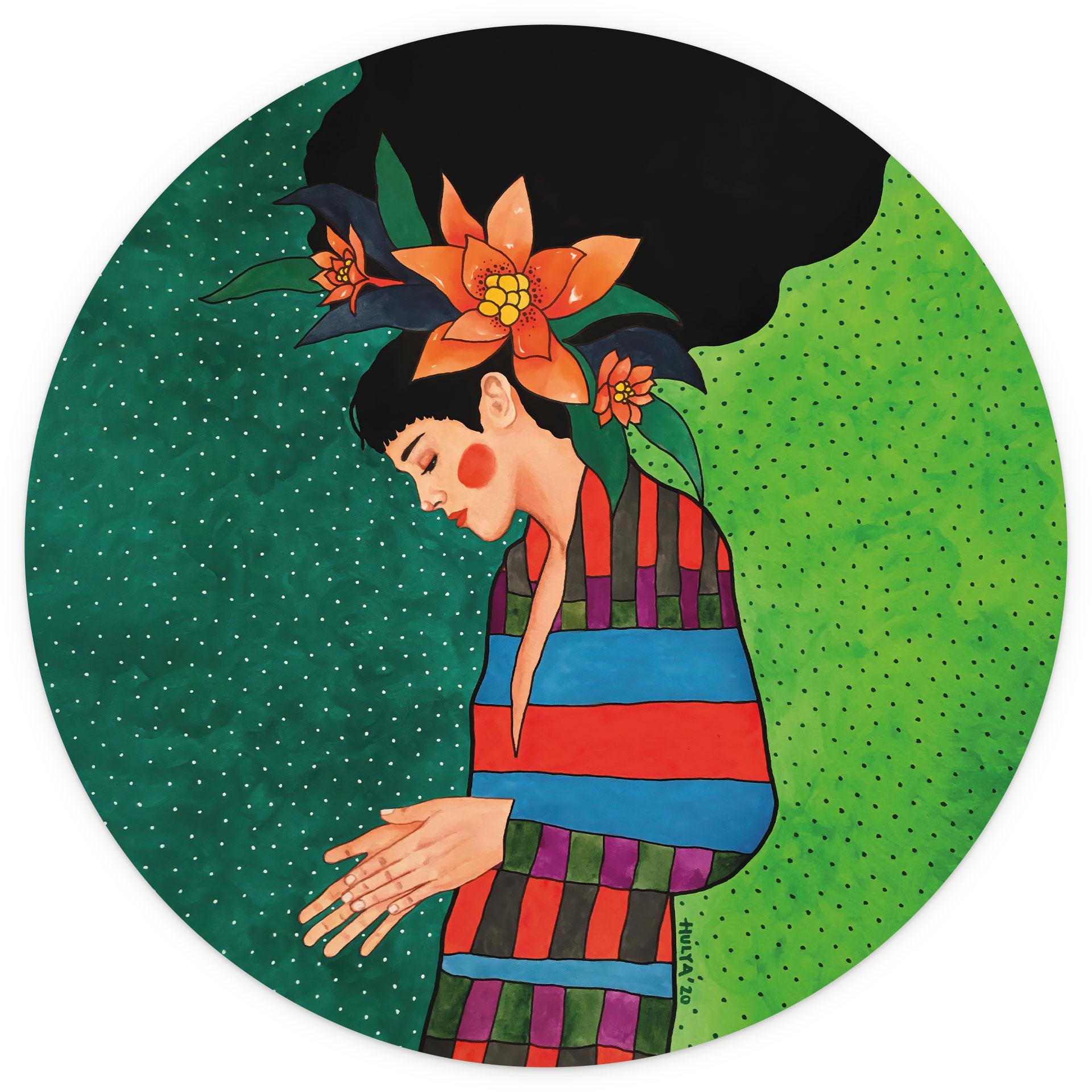 Fotobehang Vrouw in een gestreepte jurk met oranje bloemen - Hülya - Rond - Zelfklevend/niet-geweven