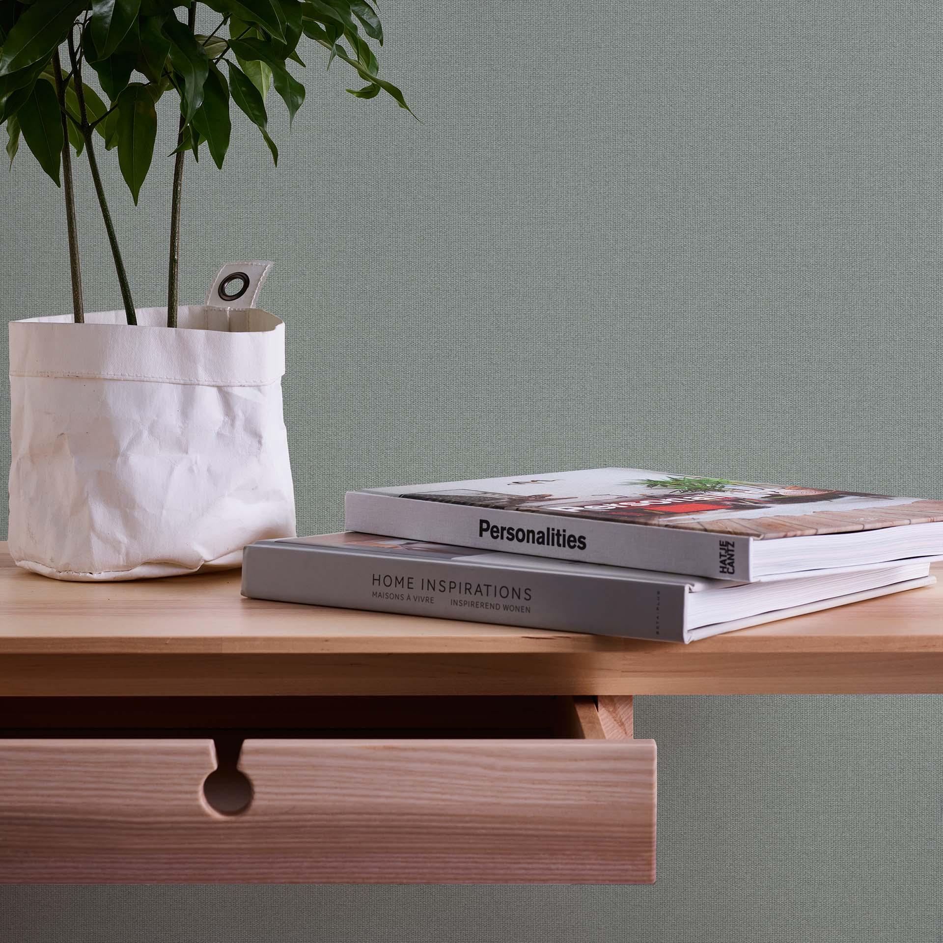 tapet grøn ensfarvet stof-optik - moderne non-woven tapet køkken