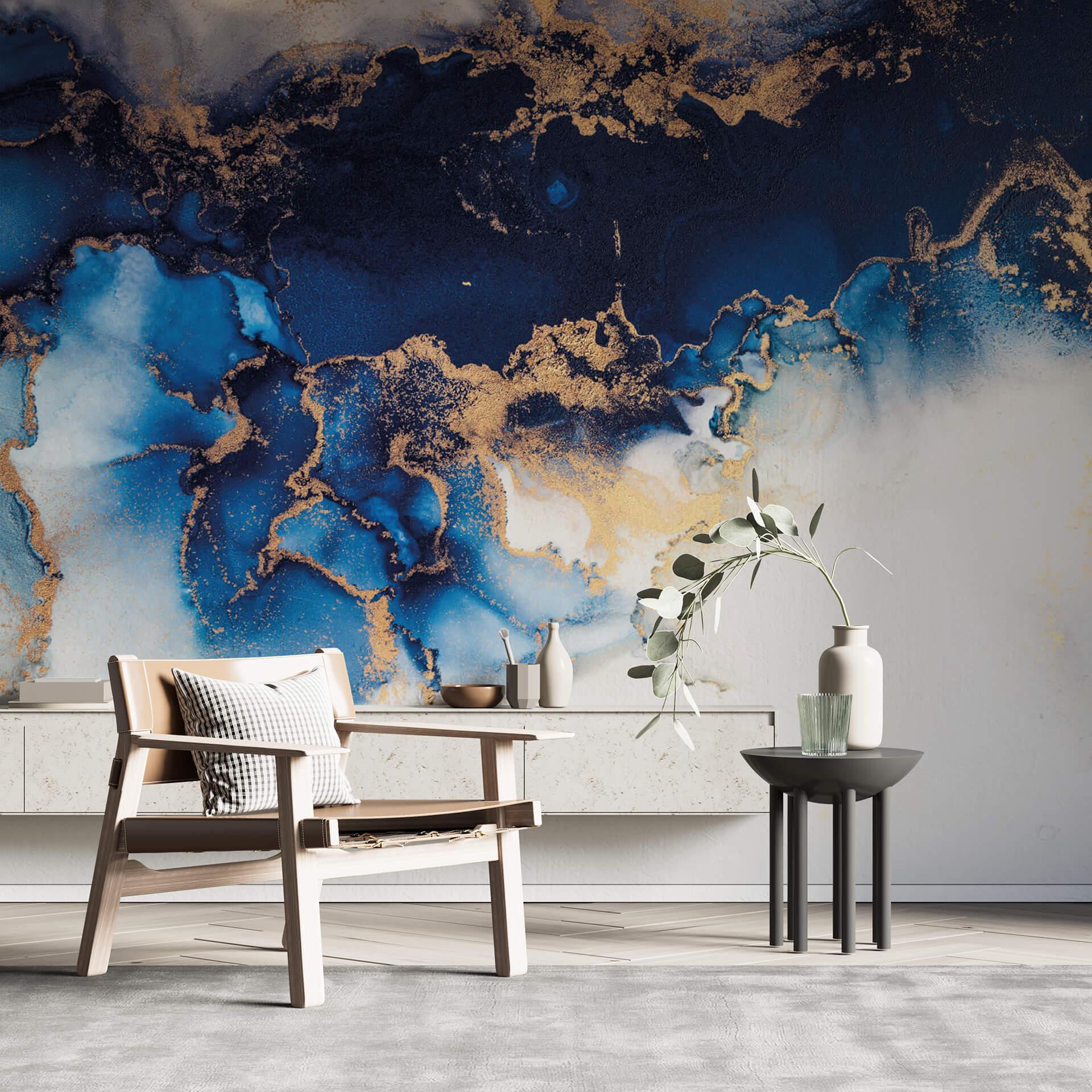 Fototapet Abstrakt marmor med blå og guld effekt