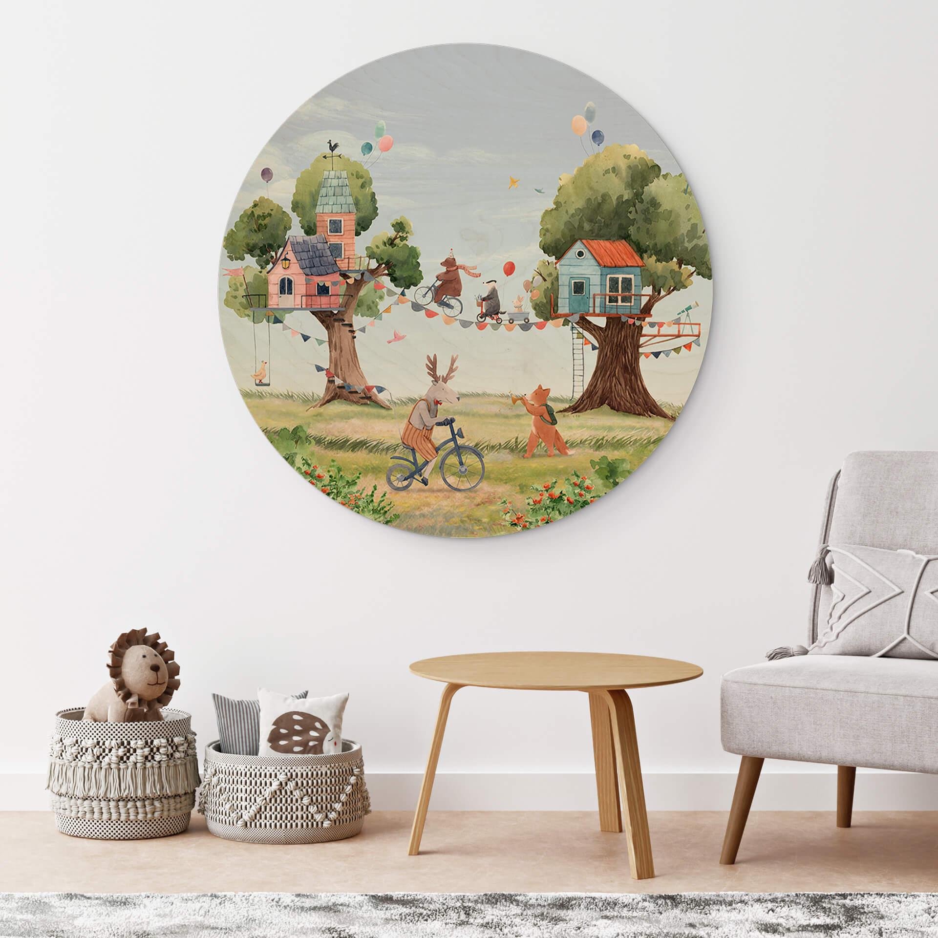 Holzbild Oliver Robins - Baumhaus Party - Rund