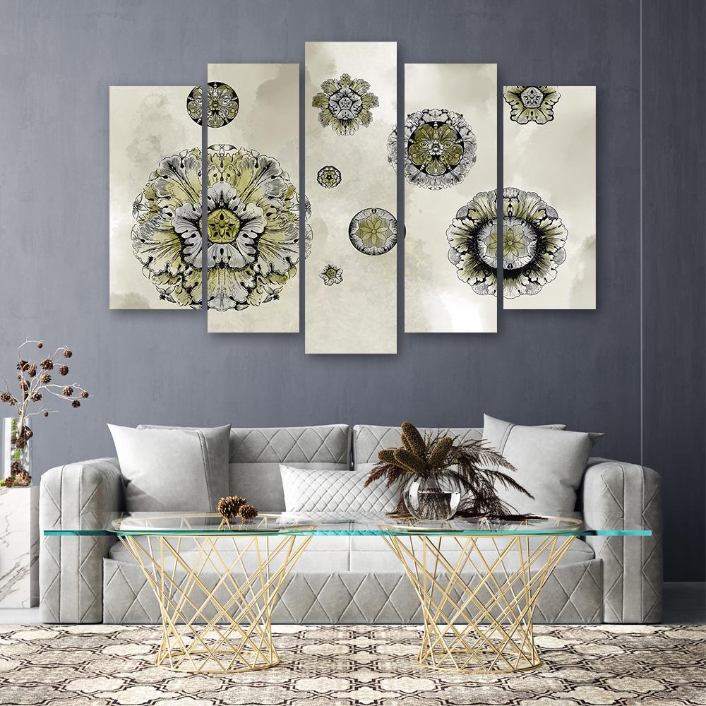 5 stykke lærredsprint, blomstergeometriske former