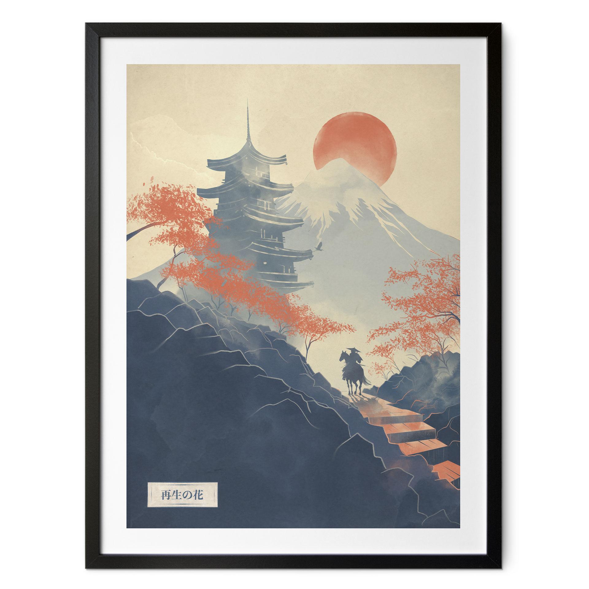 Plakat Solopgang over pagoden | Vintage Art Japan - Roze