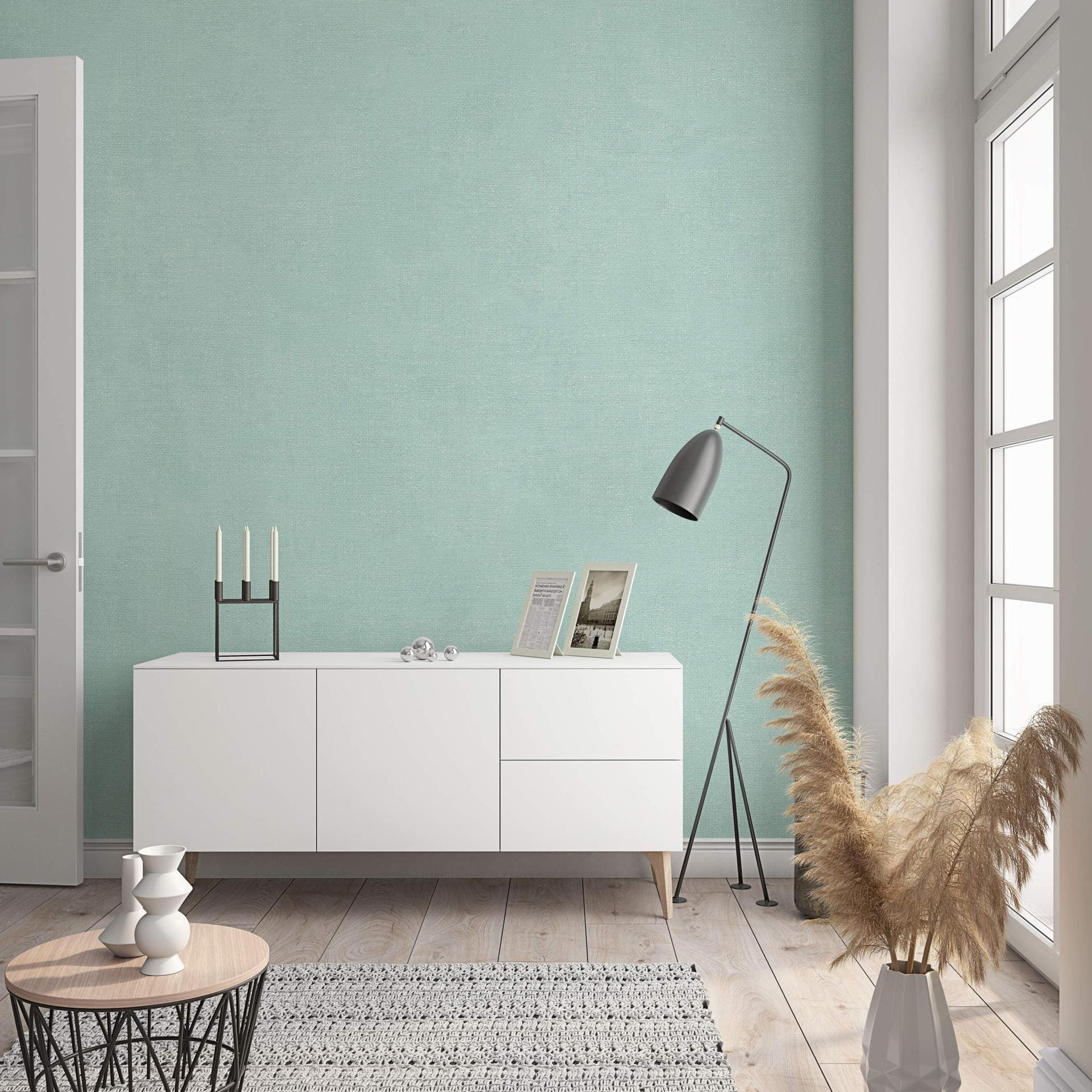Non-woven tapet med moderne monokromt look og tekstur i ensfarvet turkis